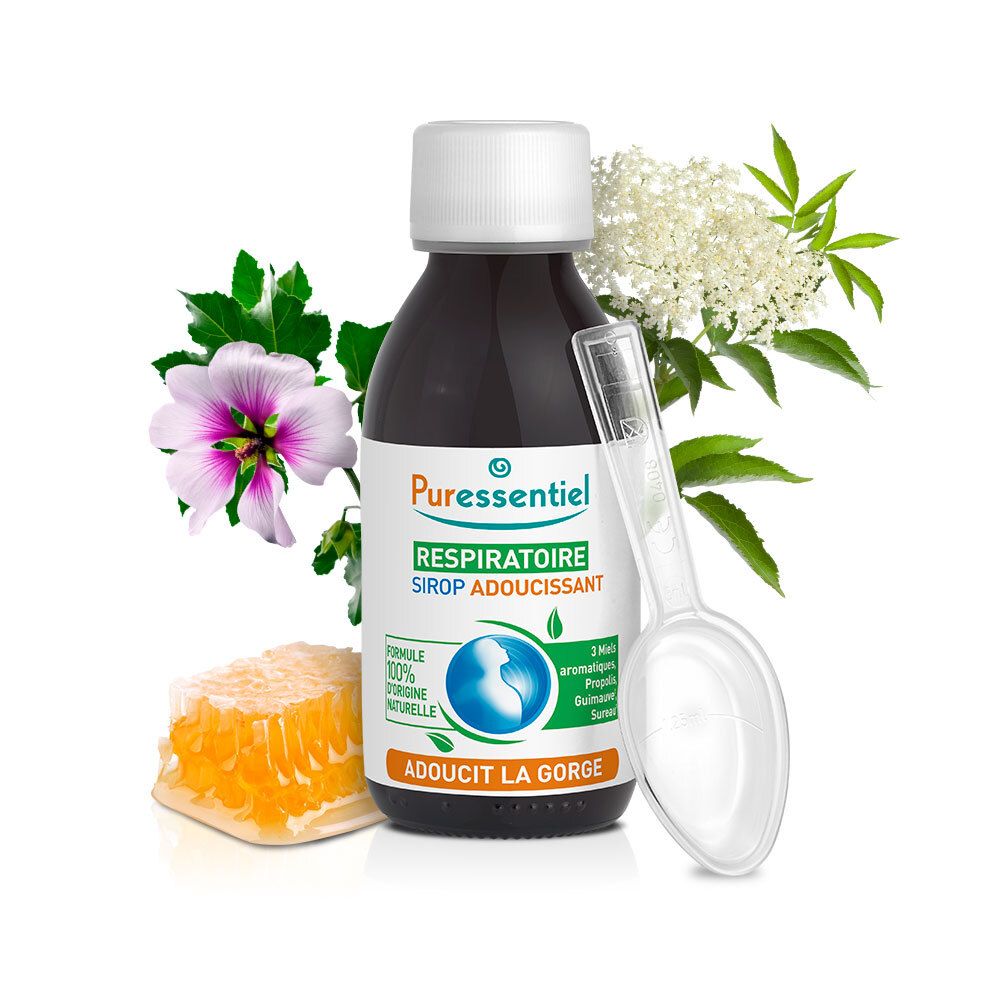 Flacon de sirop Puressentiel avec fleurs et rayon de miel. Bouchon blanc. Inscription : Respiratoire, Sirop Adoucissant.