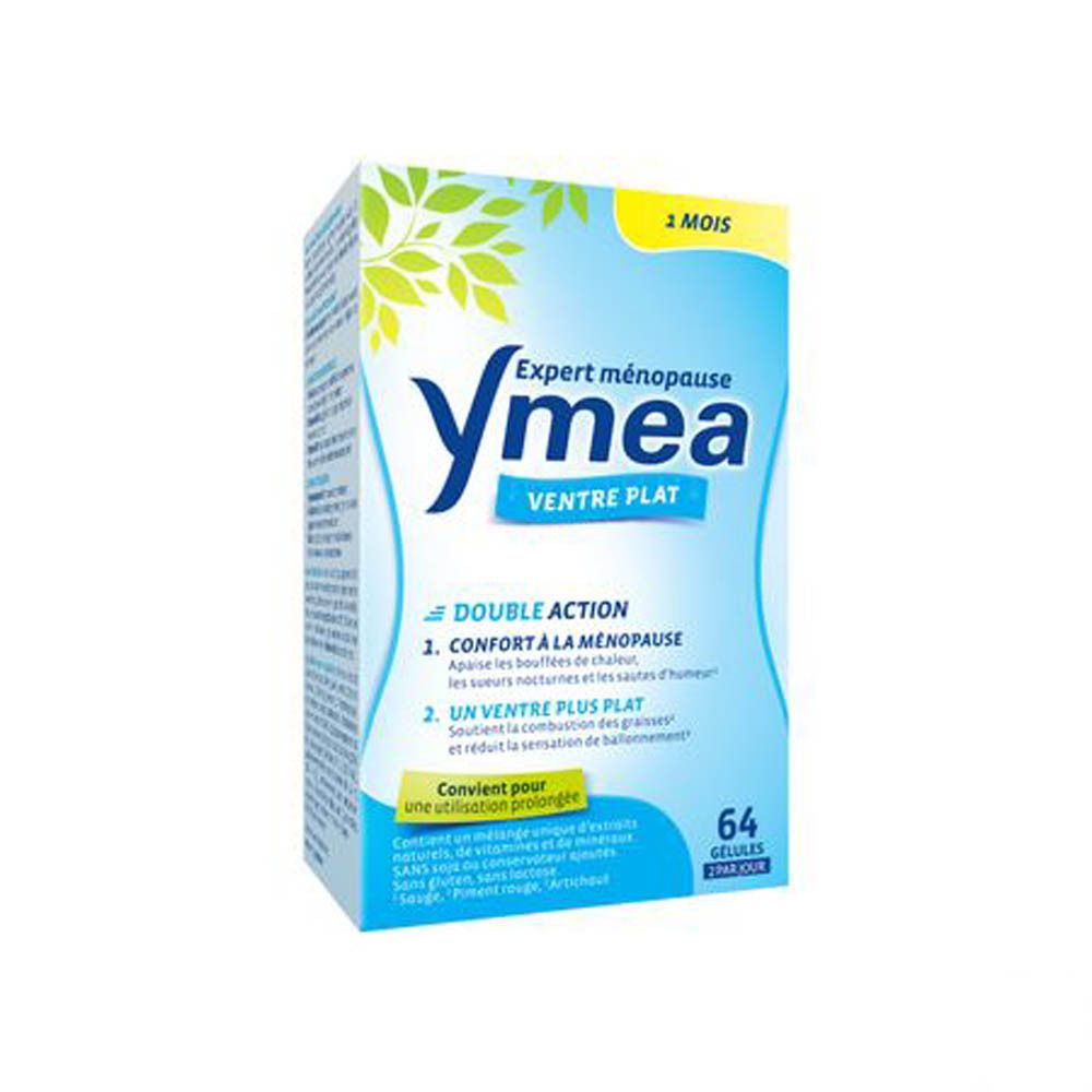 Boîte bleue et blanche Ymea Ventre Plat. Contient 64 gélules. Double action : confort ménopause, ventre plat.