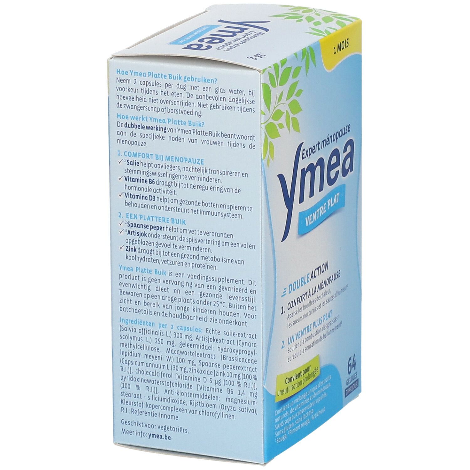 Emballage Ymea Ventre Plat. Contient des informations sur les ingrédients et l'utilisation. Emballage bleu et blanc.