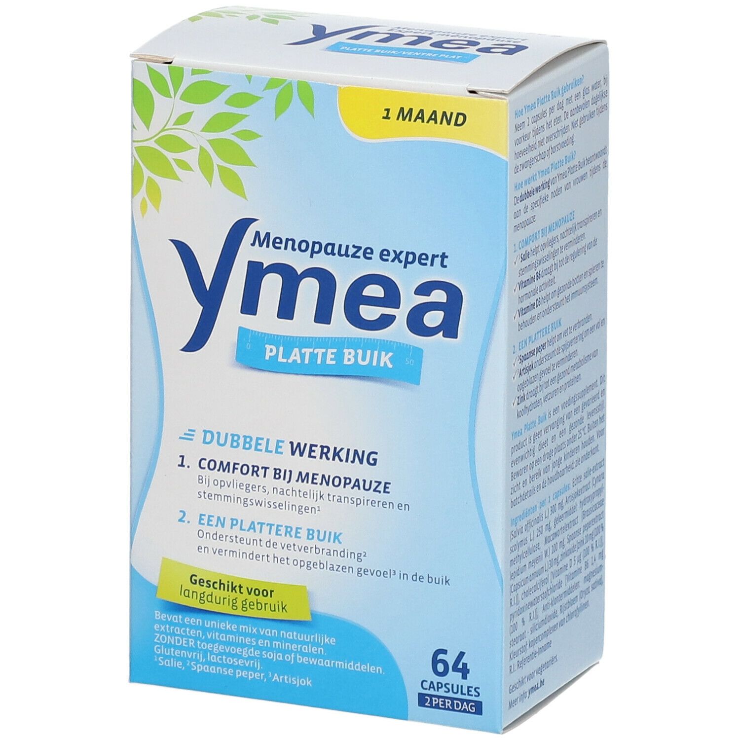 Boîte bleue et blanche Ymea Platte Buik. Contient 64 gélules. Double action : confort ménopause, ventre plat.
