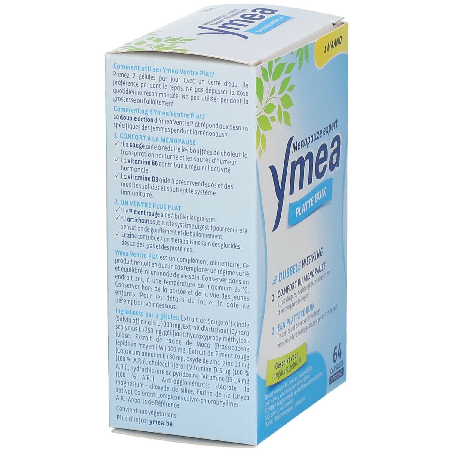 Emballage Ymea Platte Buik. Contient des informations sur les ingrédients et l'utilisation. Emballage bleu et blanc.
