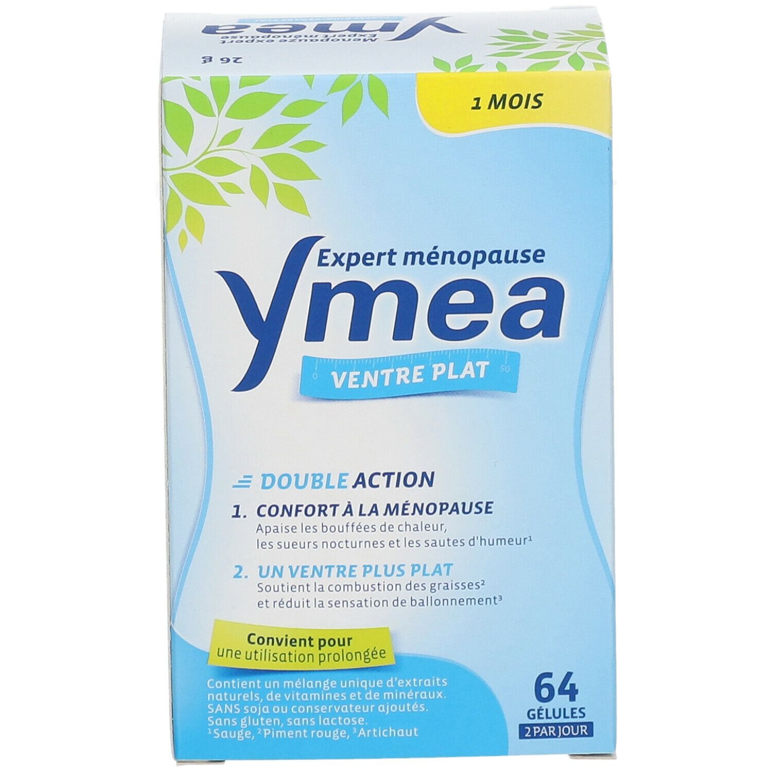 Boîte bleue et blanche Ymea Ventre Plat. Contient 64 gélules. Double action : confort ménopause, ventre plat.