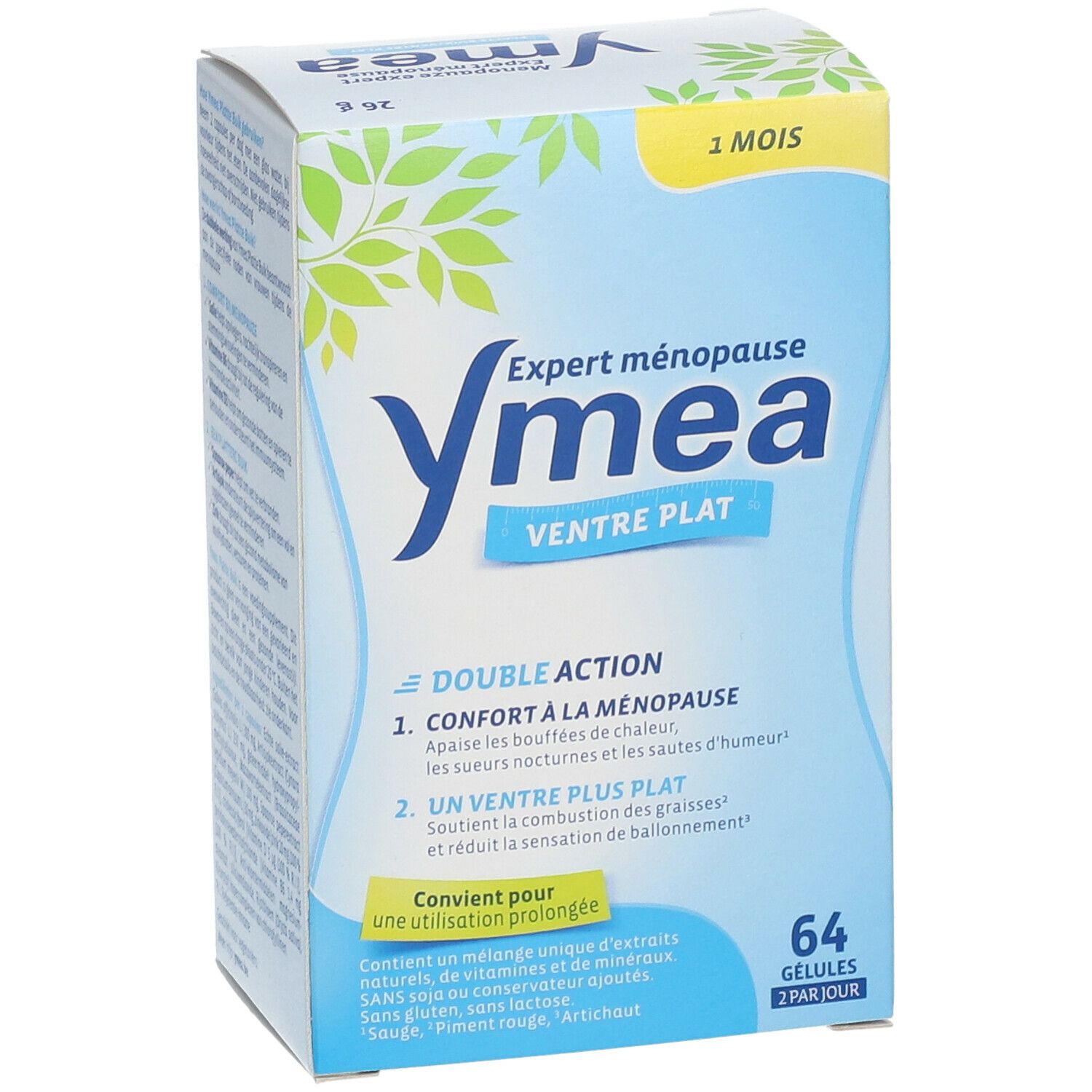 Boîte bleue et blanche Ymea Ventre Plat. Contient 64 gélules. Double action : confort ménopause, ventre plat.