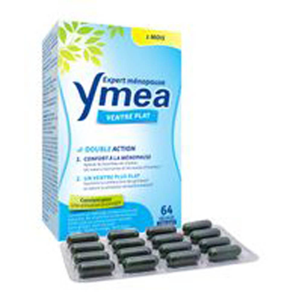 Boîte bleue et blanche Ymea Ventre Plat. Contient 64 gélules. Double action : confort ménopause, ventre plat.