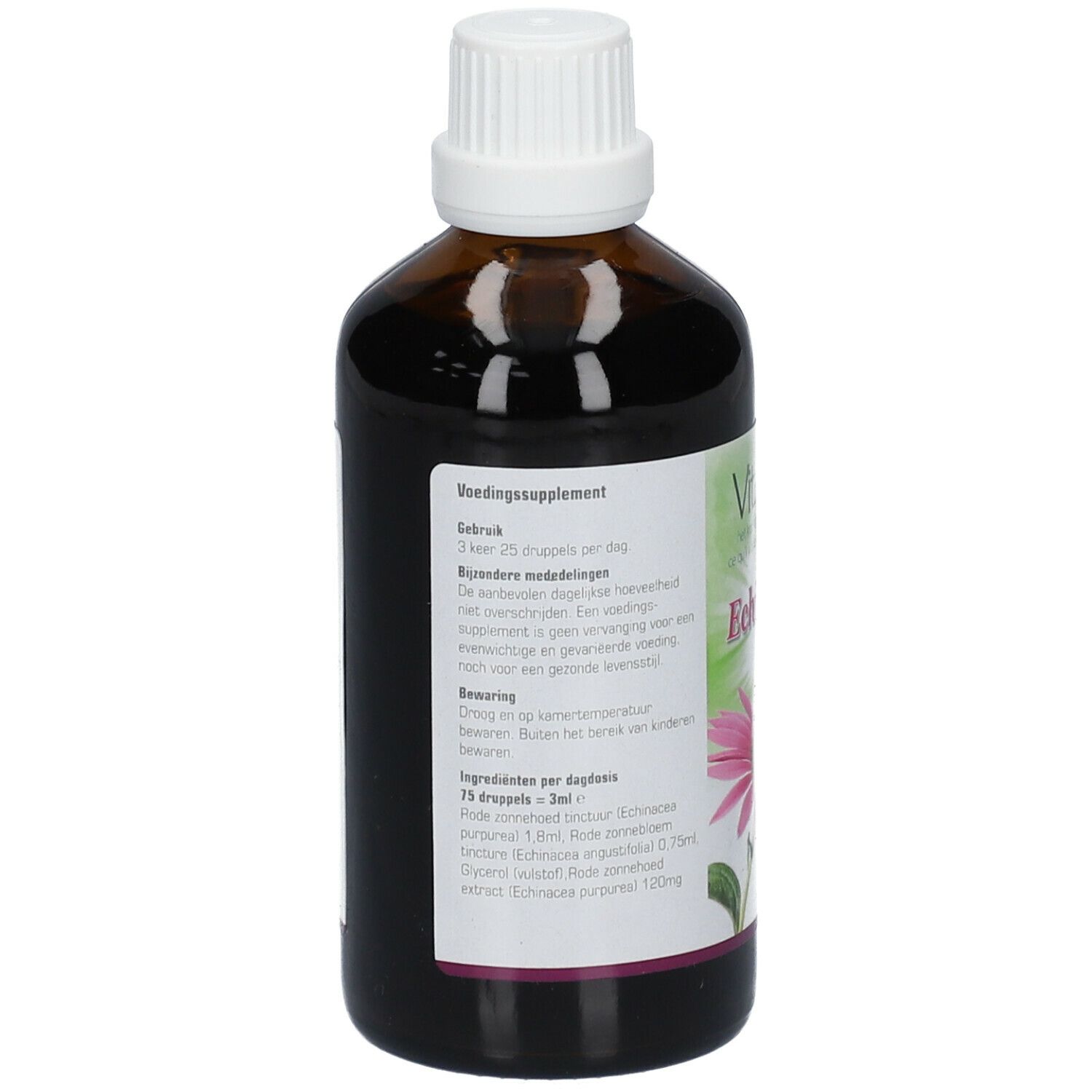 Vue arrière du flacon en verre brun. Étiquette avec informations sur le produit et ingrédients. Bouchon blanc.