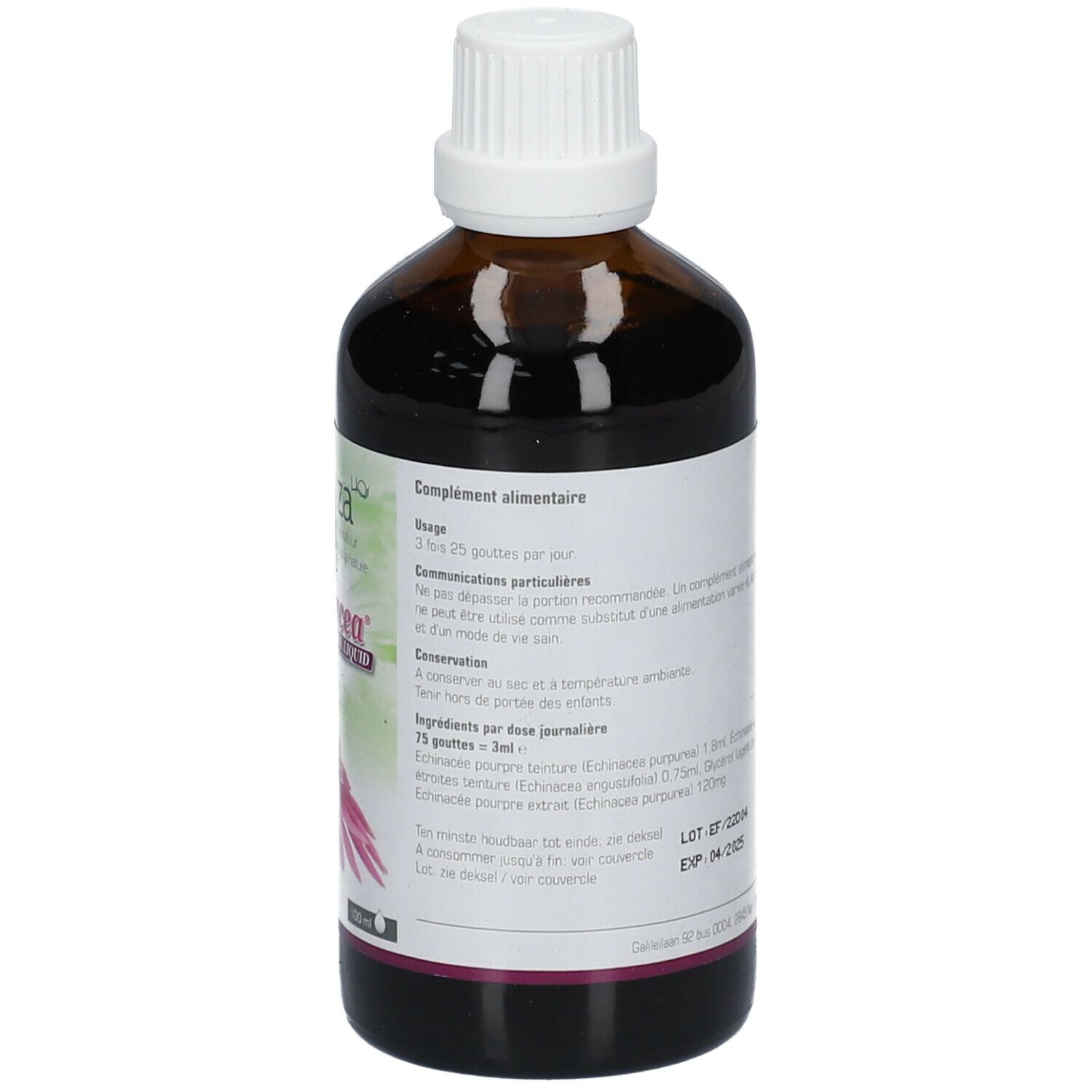 Vue arrière du flacon en verre brun. Étiquette avec informations sur le produit. Bouchon blanc. Dosage.