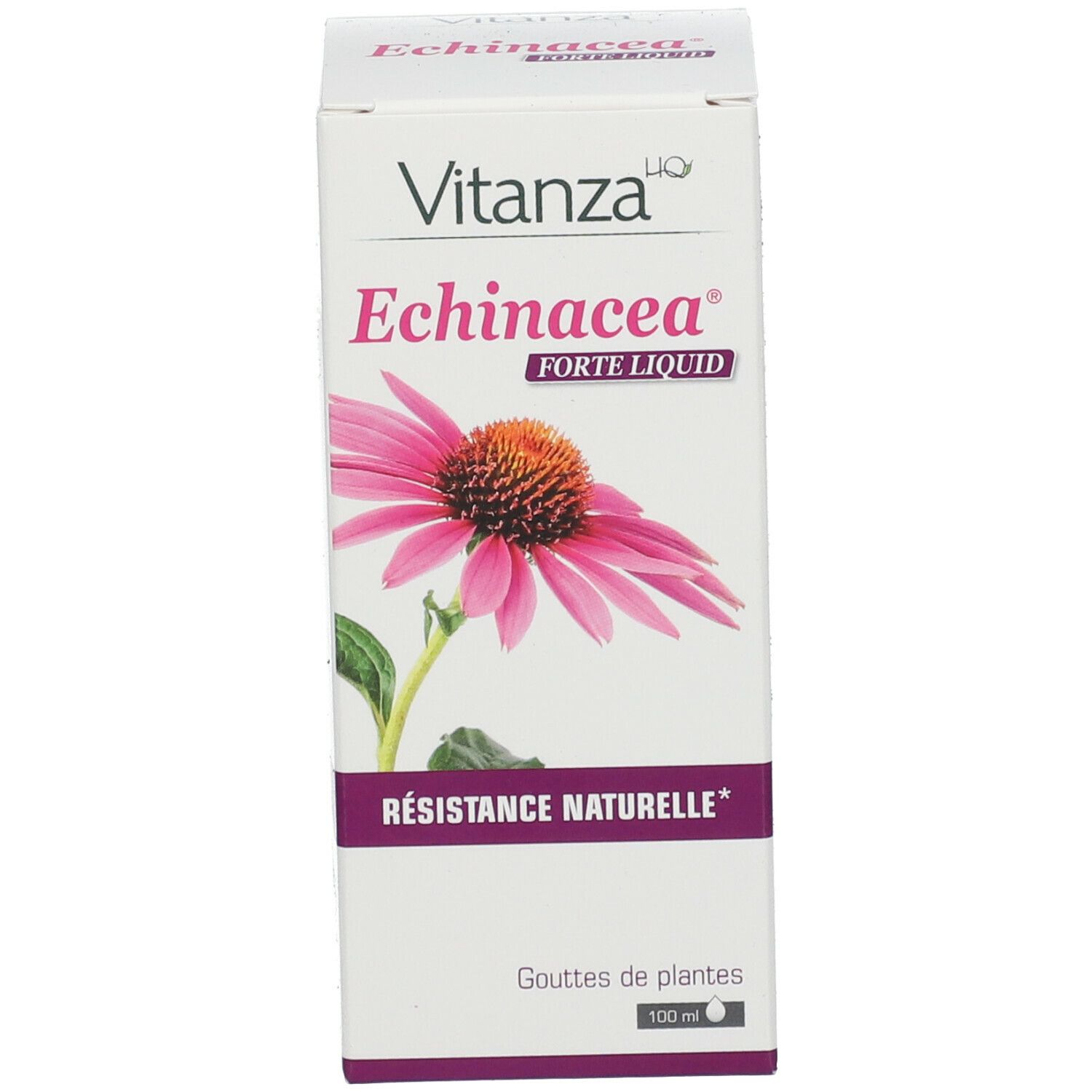 Boîte avec nom du produit et illustration de fleur d'échinacée. Inscription : Résistance Naturelle. 100 ml.