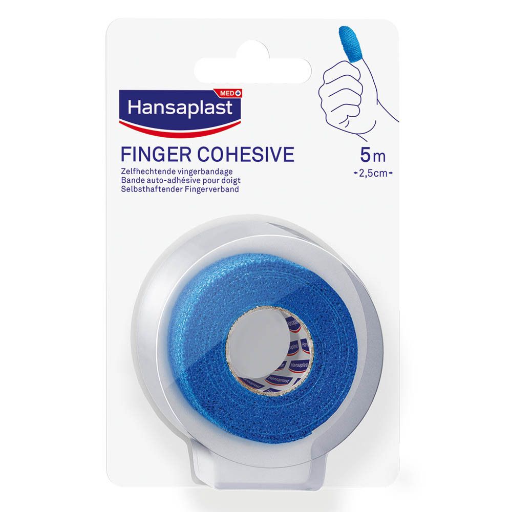 Rouleau de bandage bleu pour doigts, emballé. Marque Hansaplast, texte 'FINGER COHESIVE'. Dimensions : 5 m x 2,5 cm.