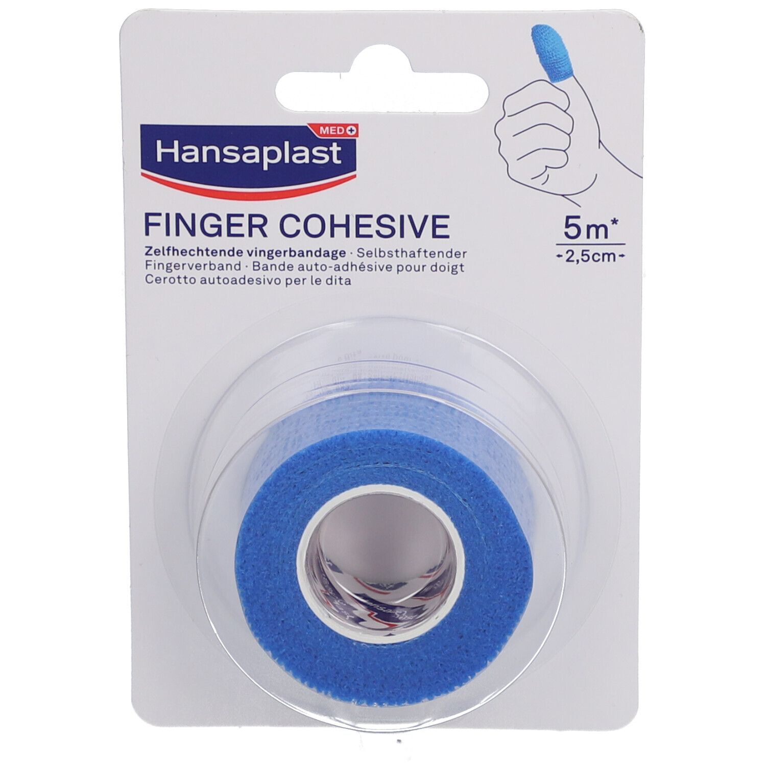 Rouleau de bandage bleu pour doigts, emballé. Marque Hansaplast, texte 'FINGER COHESIVE'. Dimensions : 5 m x 2,5 cm.