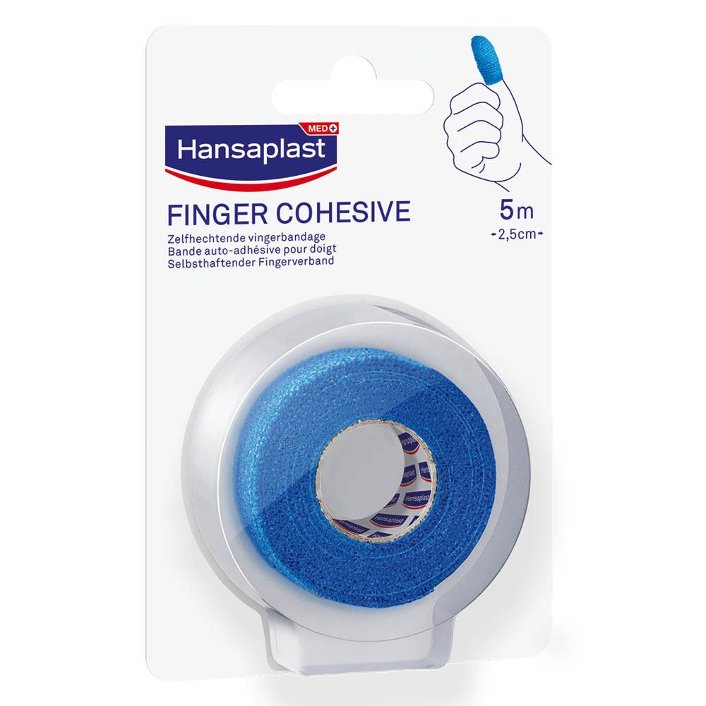 Rouleau de bandage bleu pour doigts, emballé. Marque Hansaplast, texte 'FINGER COHESIVE'. Dimensions : 5 m x 2,5 cm.