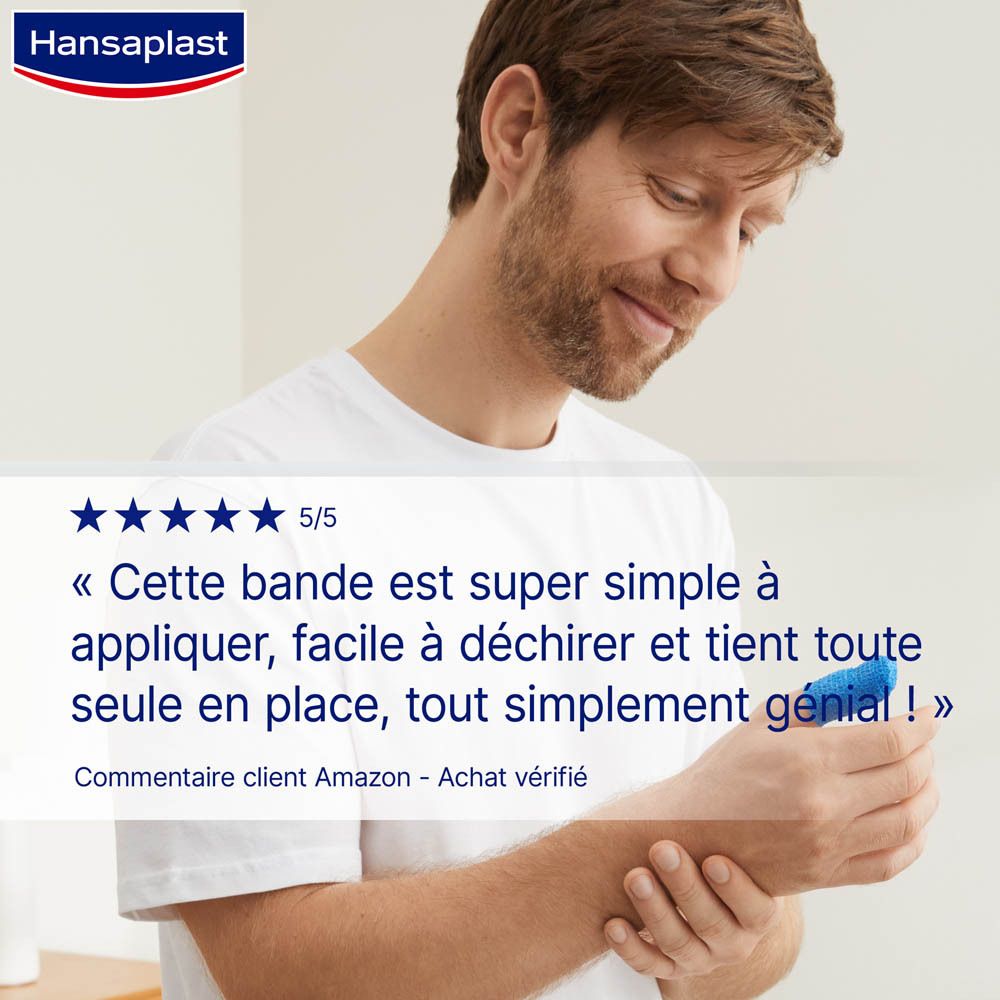 Homme tenant une bande adhésive bleue. Texte : « Cette bande est super simple à appliquer, facile à déchirer et tient toute seule en place ! »