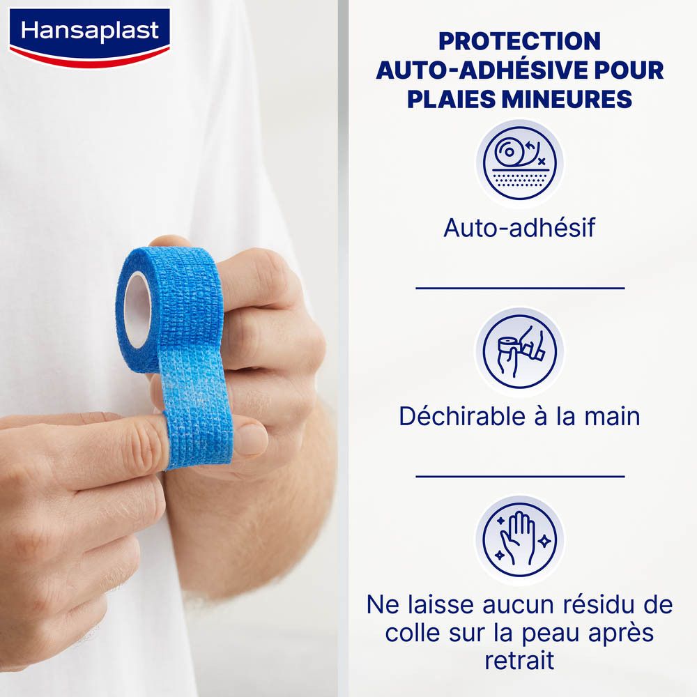 Bande adhésive bleue pour doigts. Caractéristiques : auto-adhésive, déchirable à la main, ne laisse pas de résidus.