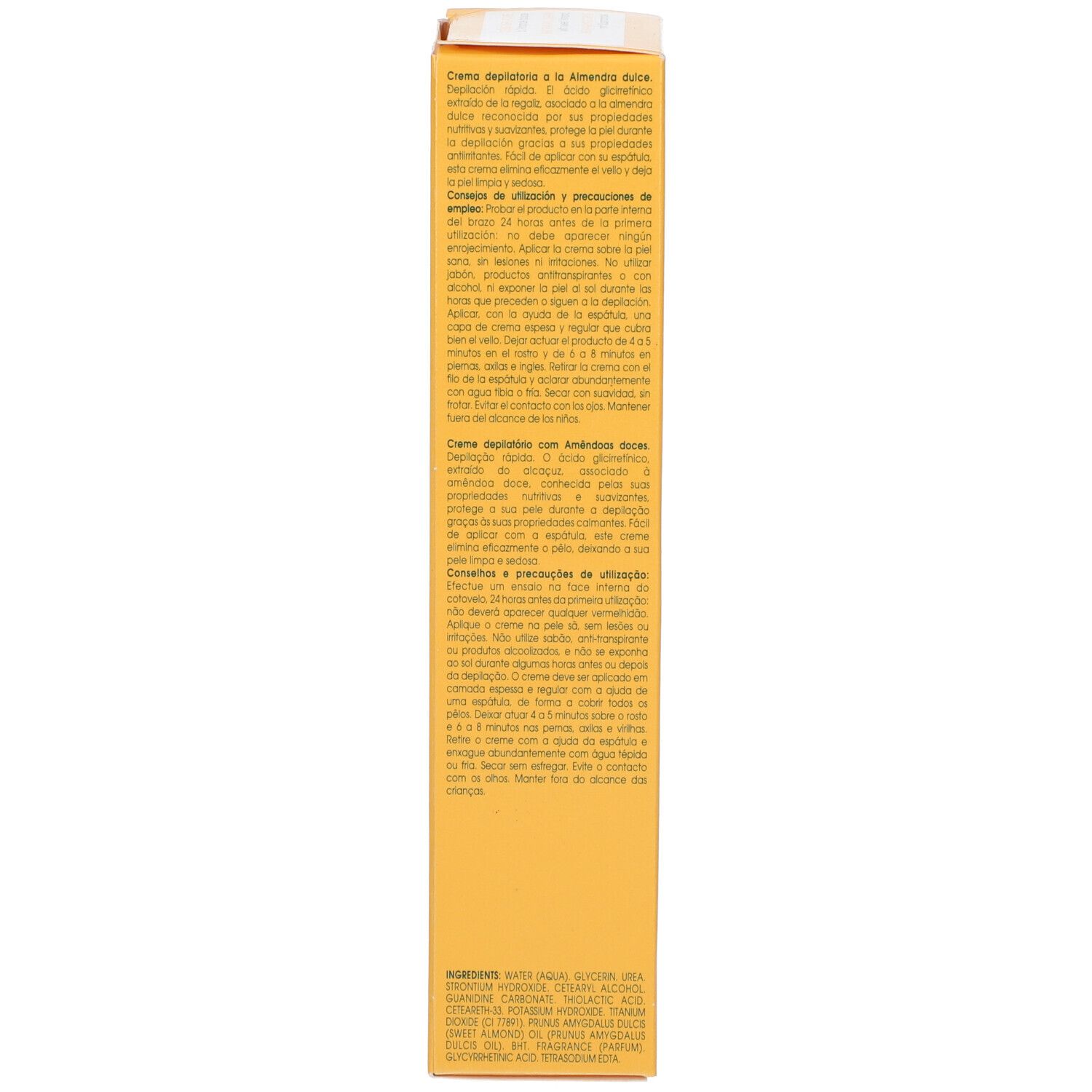 Rückseite der gelben Schachtel. Text in mehreren Sprachen. Informationen zu Anwendung und Inhaltsstoffen. Produktverpackung.