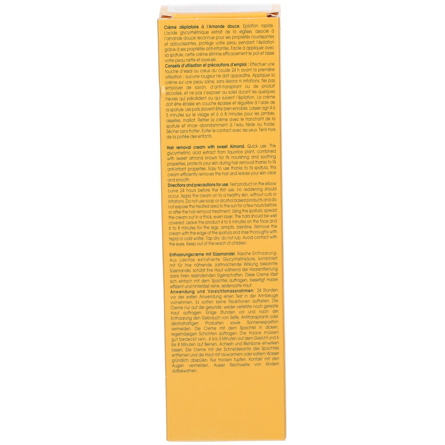 Rückseite der gelben Schachtel. Text in mehreren Sprachen. Informationen zu Anwendung und Inhaltsstoffen. Produktverpackung.