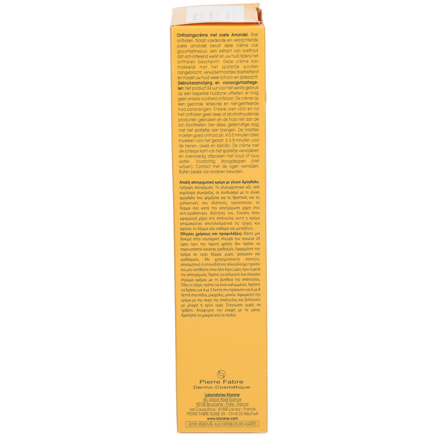 Rückseite der gelben Schachtel. Text in mehreren Sprachen. Informationen zu Anwendung und Inhaltsstoffen. Produktverpackung.