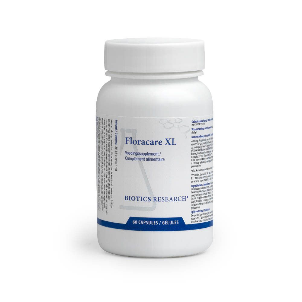 Flacon blanc avec Floracare XL et Biotics Research. 60 gélules.