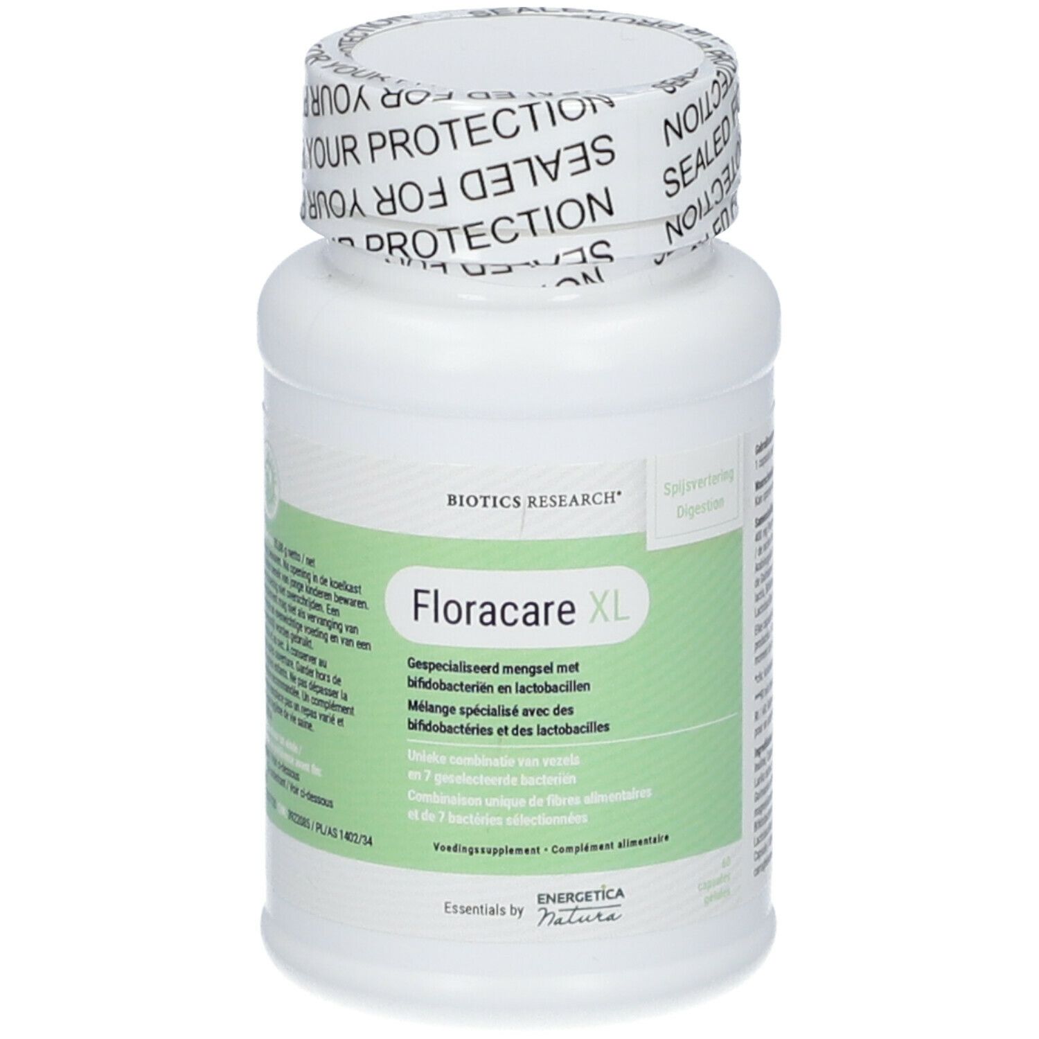 Flacon blanc Floracare XL et Biotics Research. Bouchon scellé.