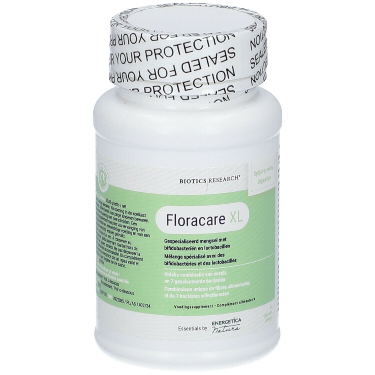 Flacon blanc avec Floracare XL et Biotics Research. Étiquetage vert et blanc.