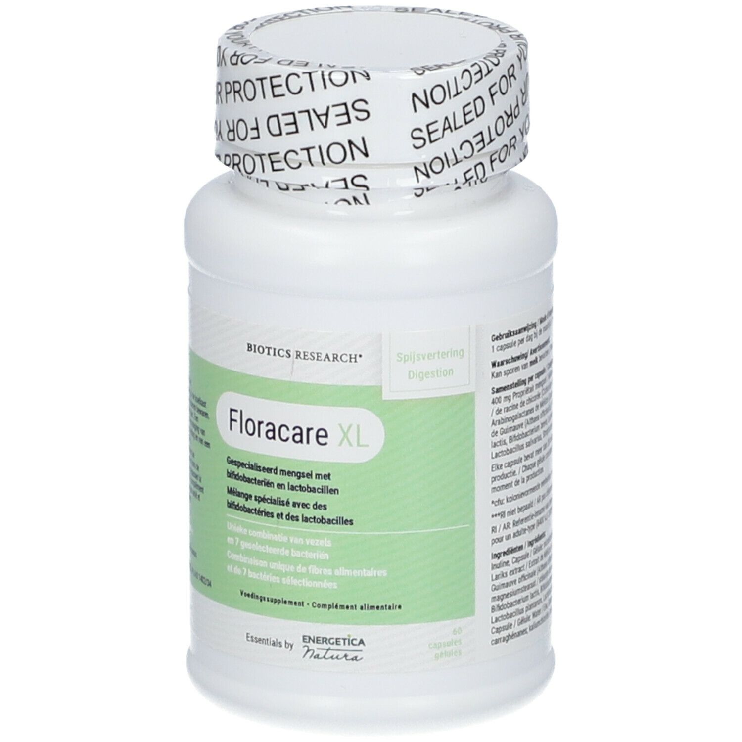 Flacon blanc avec Floracare XL et Biotics Research. Étiquetage vert et blanc.