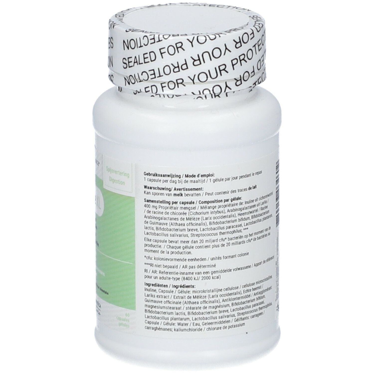 Flacon blanc avec Floracare XL et Biotics Research. Texte multilingue.