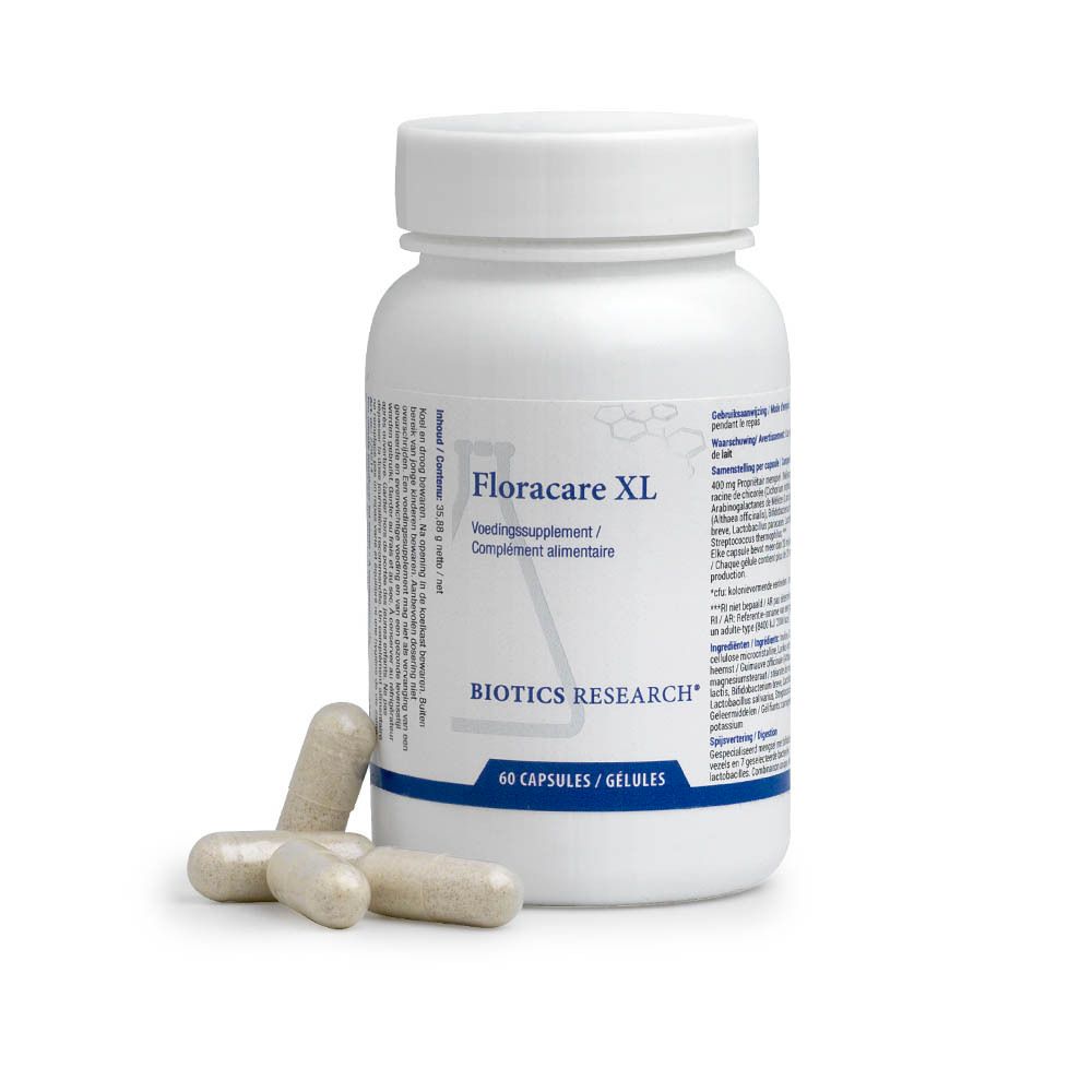 Flacon blanc avec Floracare XL et Biotics Research. 3 gélules à côté.