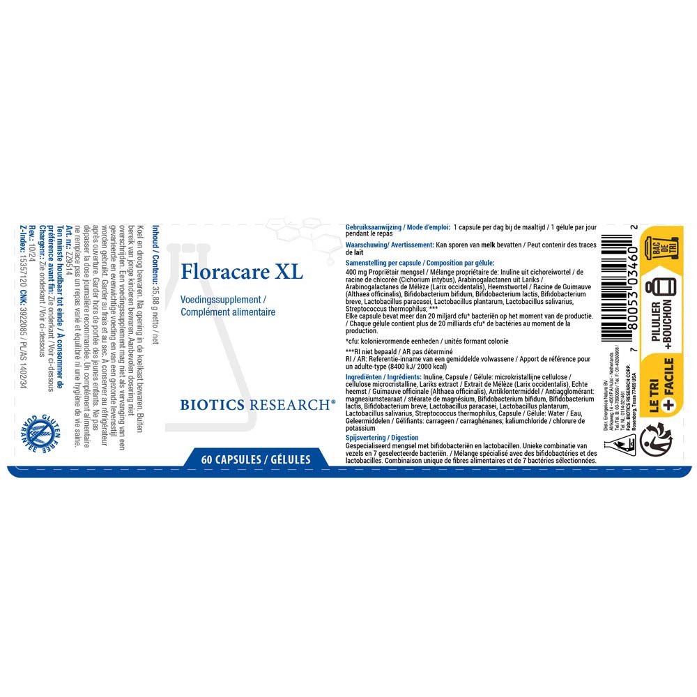 Emballage Floracare XL et Biotics Research. 60 gélules. Texte multilingue.