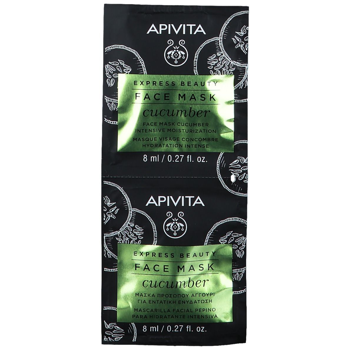 Zwei schwarze Beutel mit Gesichtsmasken. Aufschrift: APIVITA, EXPRESS BEAUTY, FACE MASK, cucumber. Text in mehreren Sprachen. 8 ml / 0.27 fl. oz.