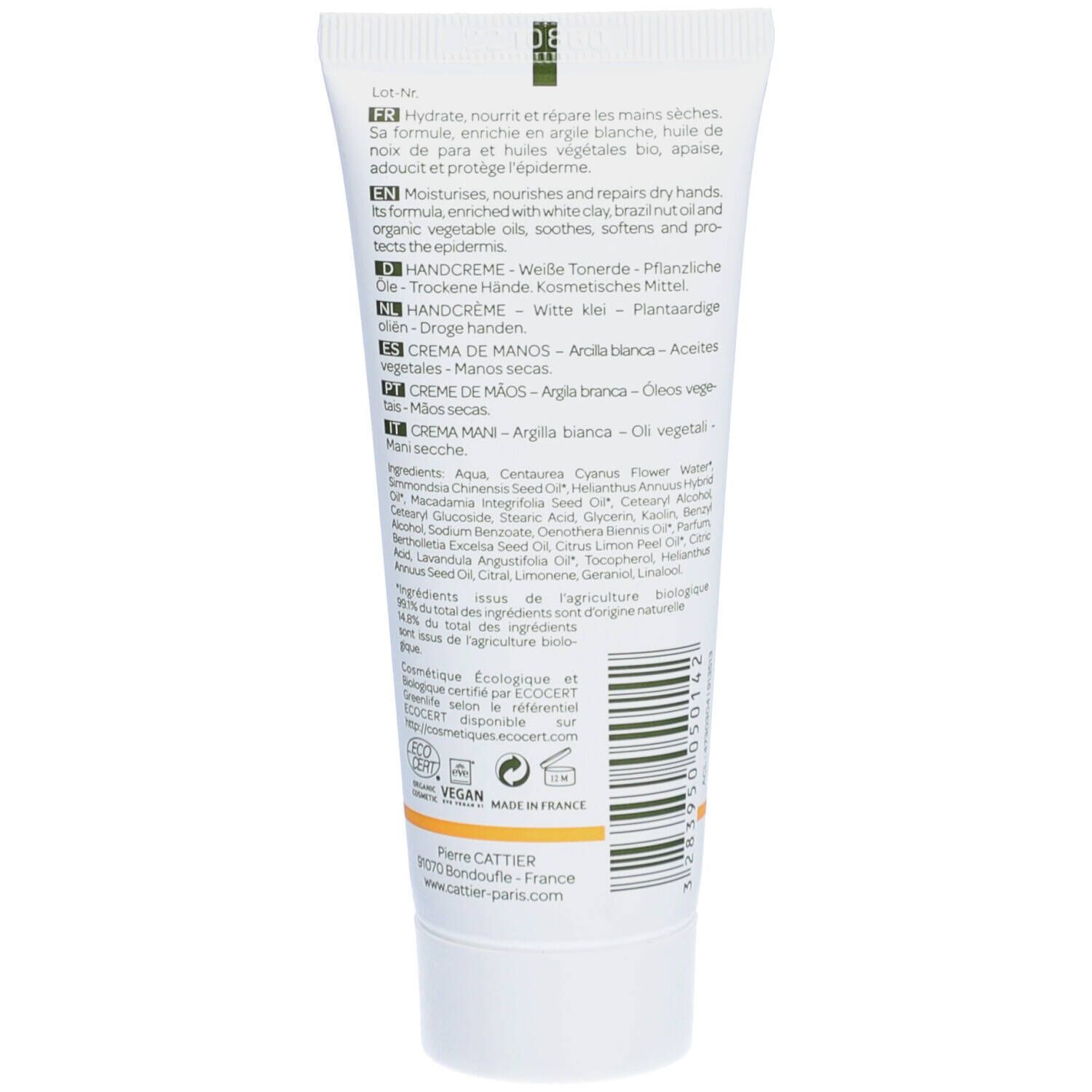Rückseite der Cattier Crème Mains Tube. Text in mehreren Sprachen. Inhaltsstoffe und Zertifizierungen. Vegan- und Bio-Siegel.