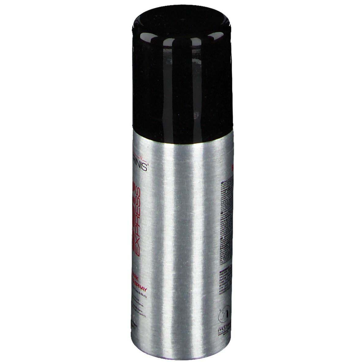 Flacon spray argenté, bouchon noir. Texte sur le côté. Marque Procrinis.