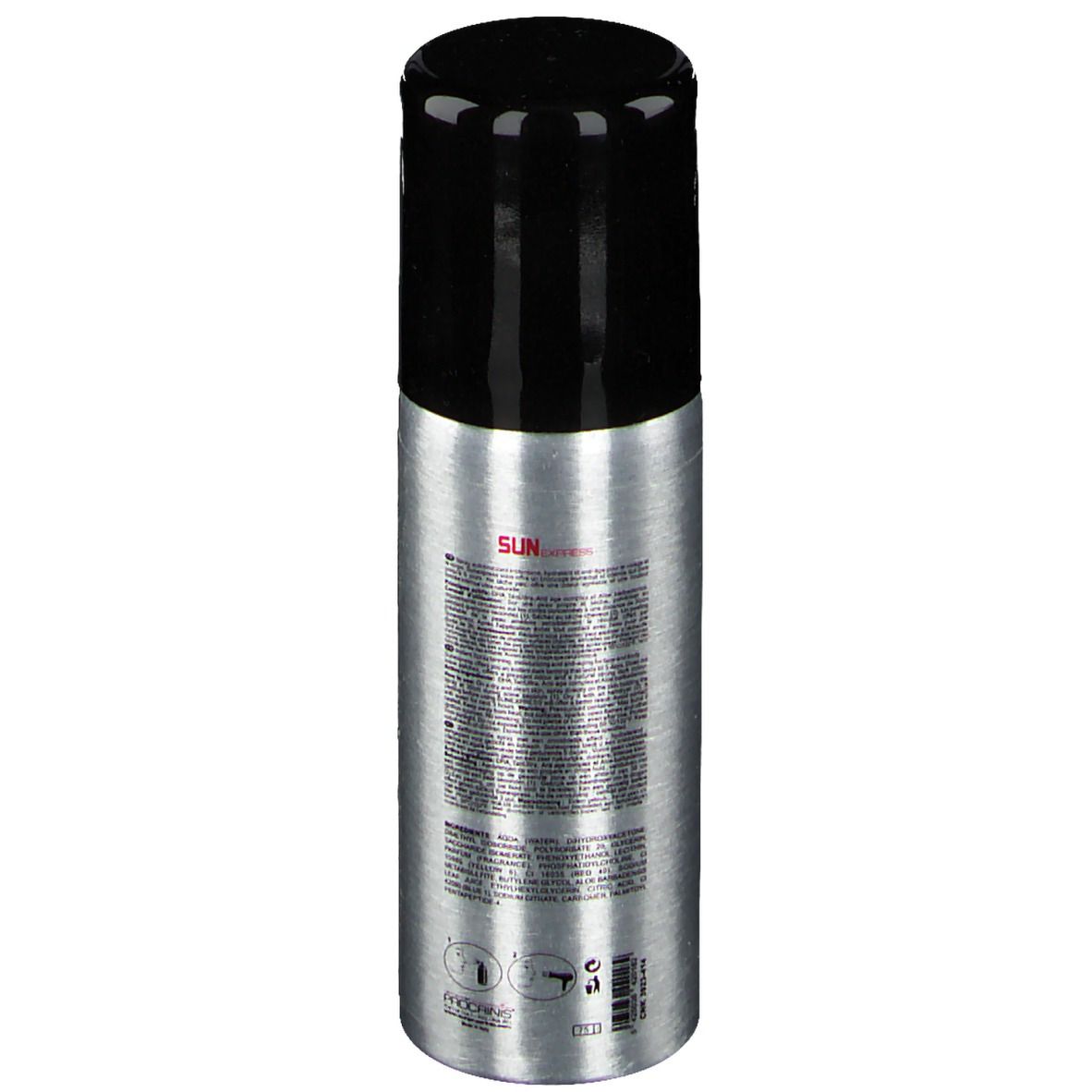 Flacon spray argenté, bouchon noir. Texte au dos. Marque Procrinis.