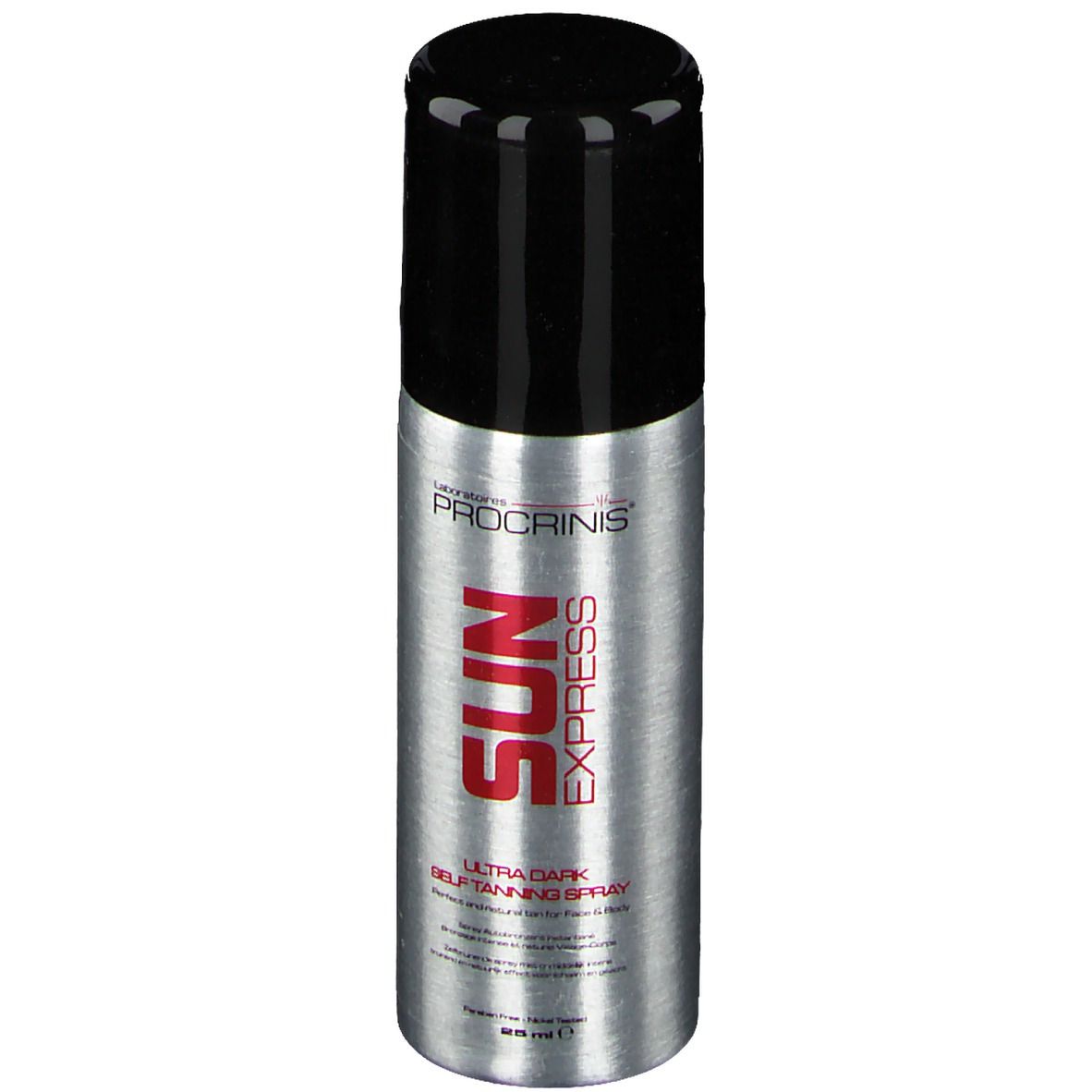 Flacon spray argenté, bouchon noir. Inscription SUN EXPRESS en rouge. Marque Procrinis.