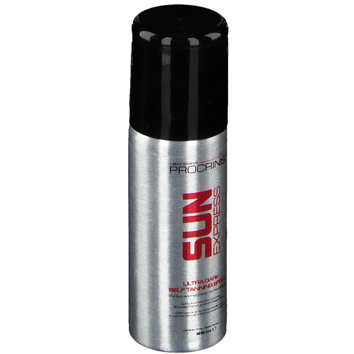 Flacon spray argenté, bouchon noir. Inscription SUN EXPRESS en rouge. Marque Procrinis.
