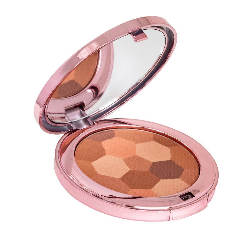 Poudre bronzante dans un étui rose avec miroir. La surface présente différentes nuances de brun.