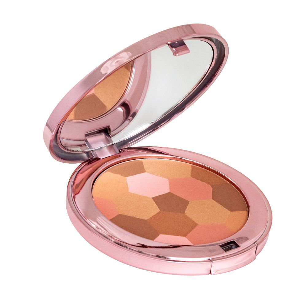 Poudre compacte avec miroir. Boîtier rose, forme ovale. Poudre en différentes nuances de brun. Ouvert.