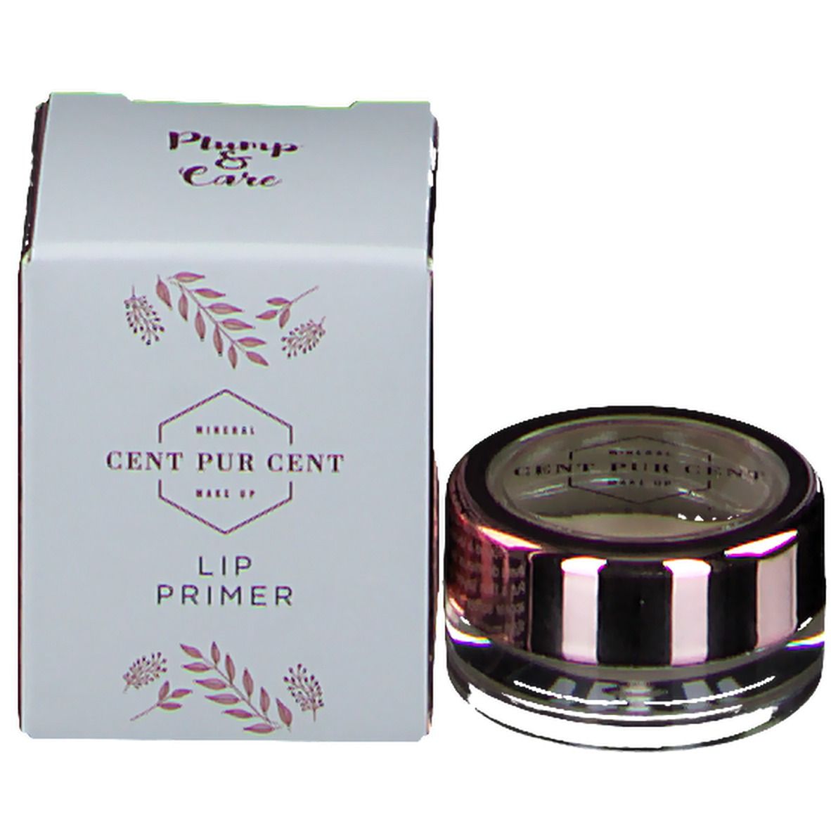 Productverpakking en container. Container met zwart-roze strepen. Op de verpakking staat "CENT PUR CENT".