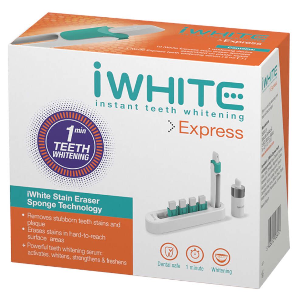 Boîte iWhite Express. Contient un dispositif de blanchiment des dents, des éponges et du sérum. Inscription : Blanchiment des dents en 1 minute.