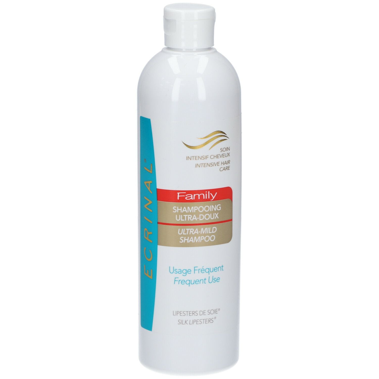 Flacon blanc avec bande bleue et texte Ecrinal Family Shampoo. Texte: Ultra-doux, Usage fréquent.