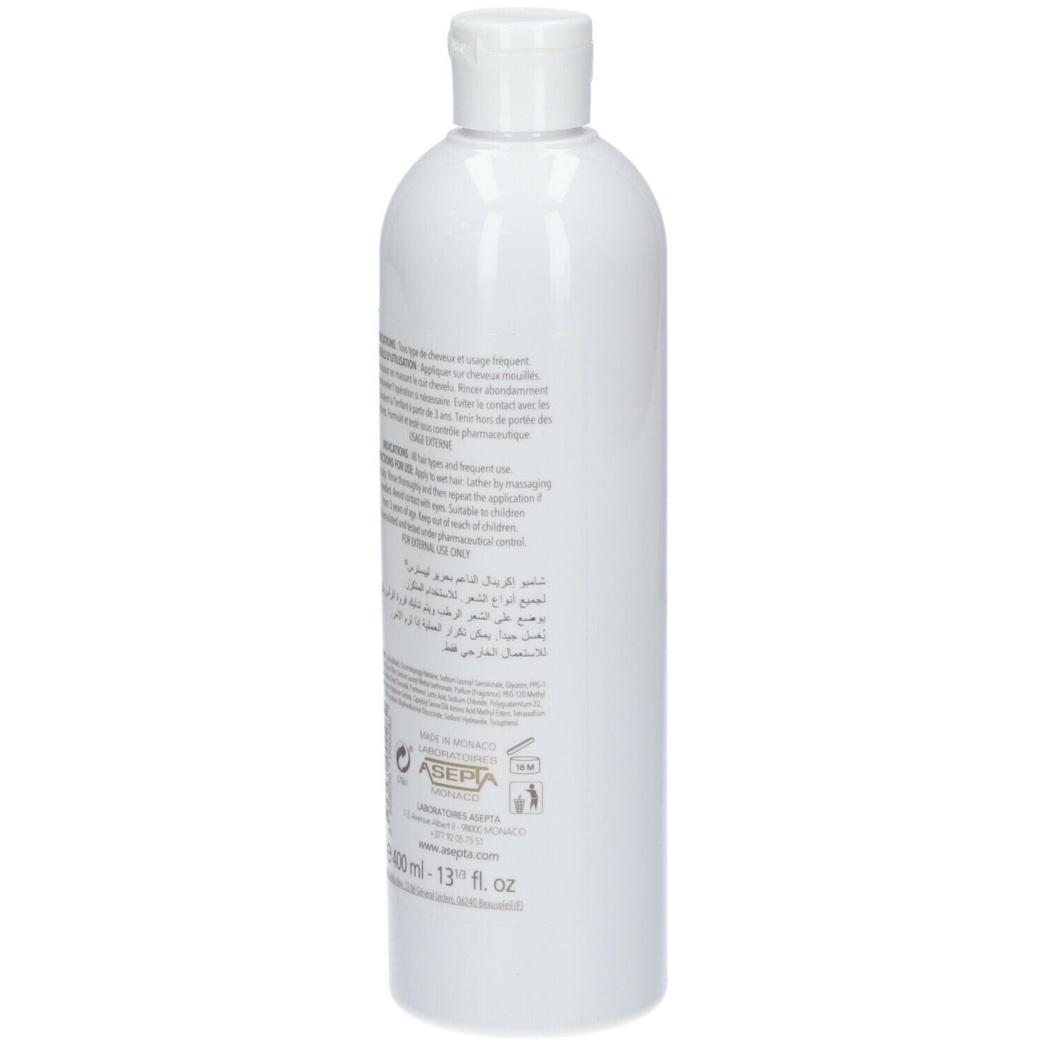 Flacon blanc avec texte. Dos du Ecrinal Family Shampoo. Texte: Mode d'emploi, ingrédients, informations fabricant.