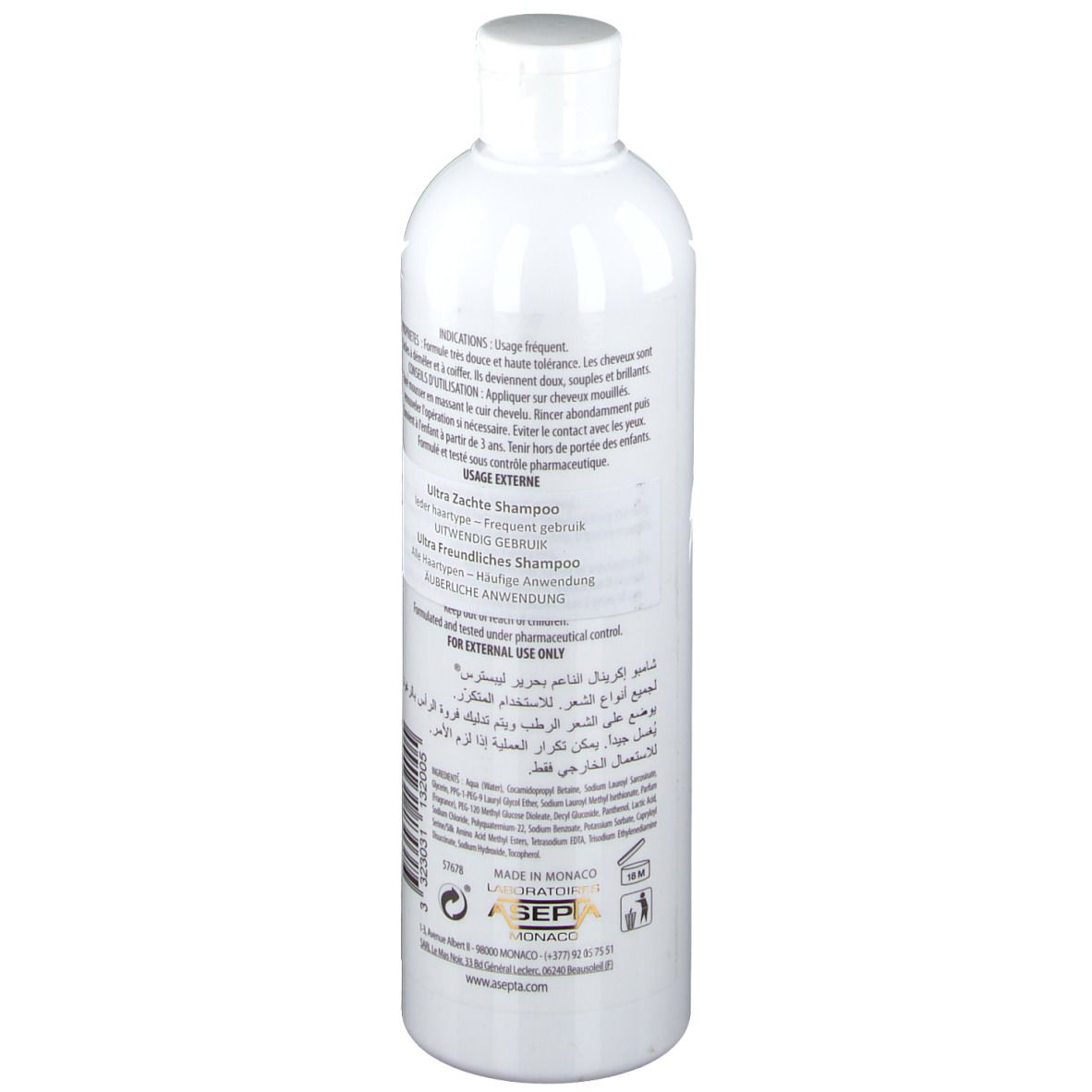 Flacon blanc avec texte. Dos du Ecrinal Family Shampoo. Texte: Mode d'emploi, ingrédients, informations fabricant.