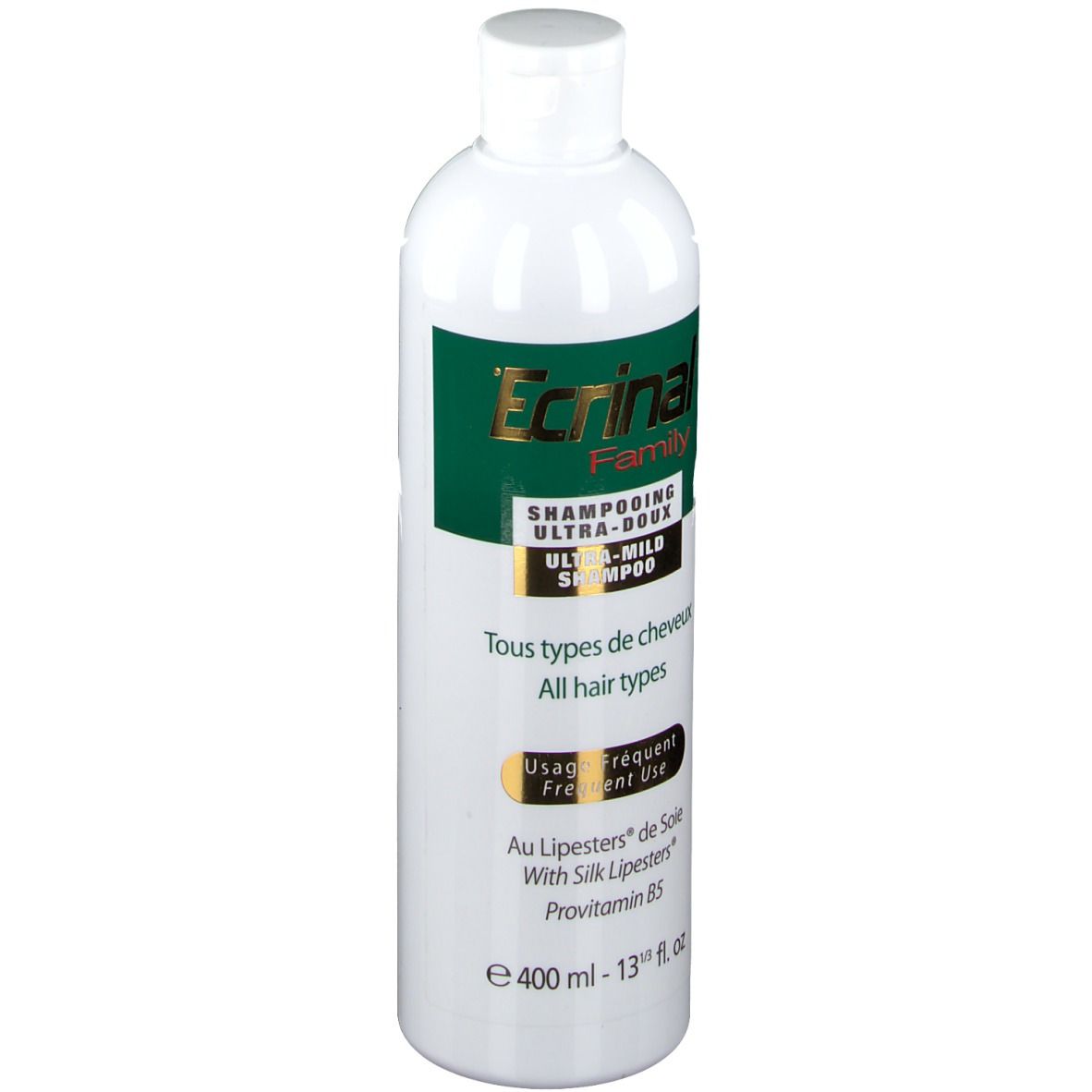 Flacon blanc avec étiquette verte. Ecrinal Family Shampoo. Texte: Ultra-doux, Tous types de cheveux, Usage fréquent.