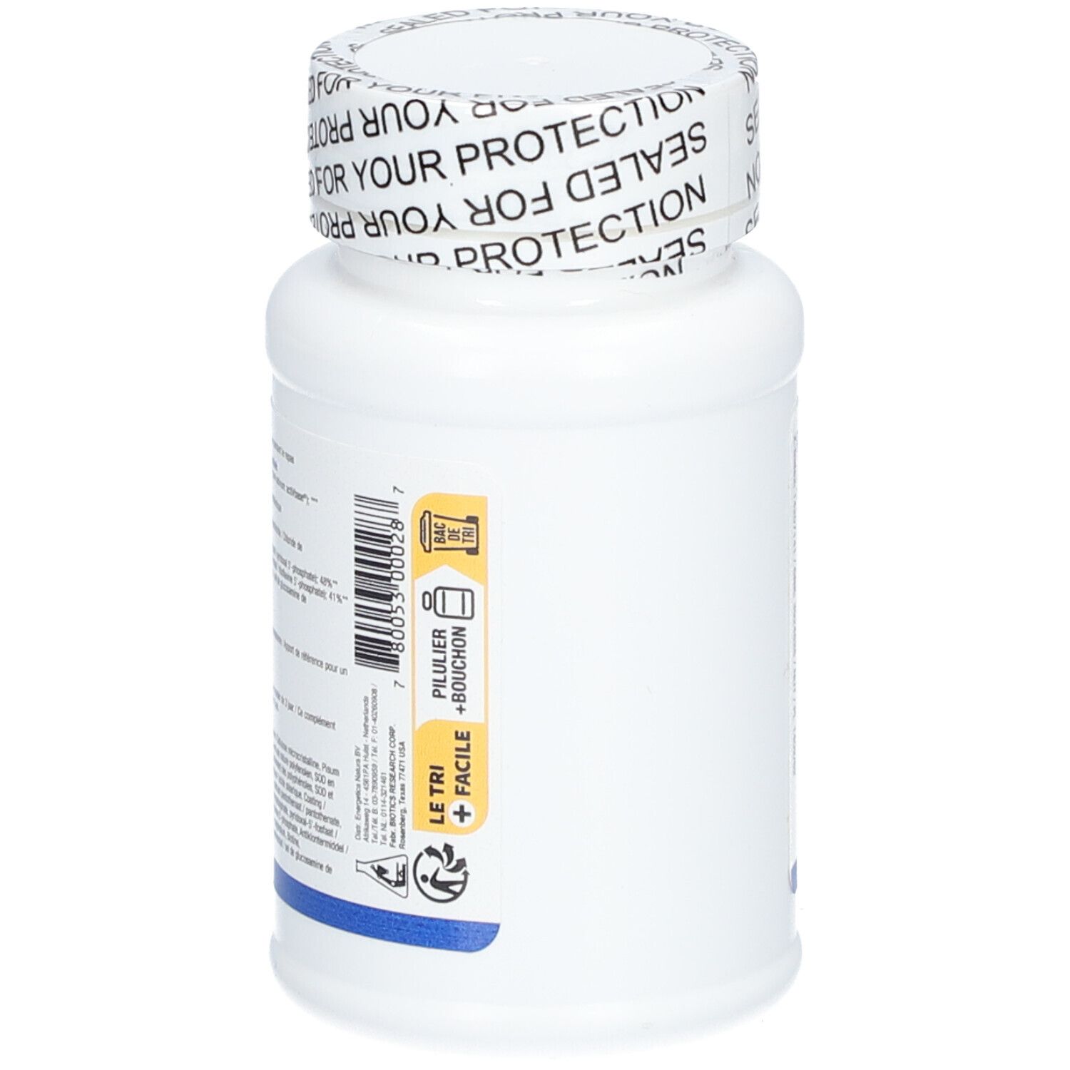Weiße Flasche mit gelbem Etikett. Auf dem Etikett sind Piktogramme und Text abgebildet.