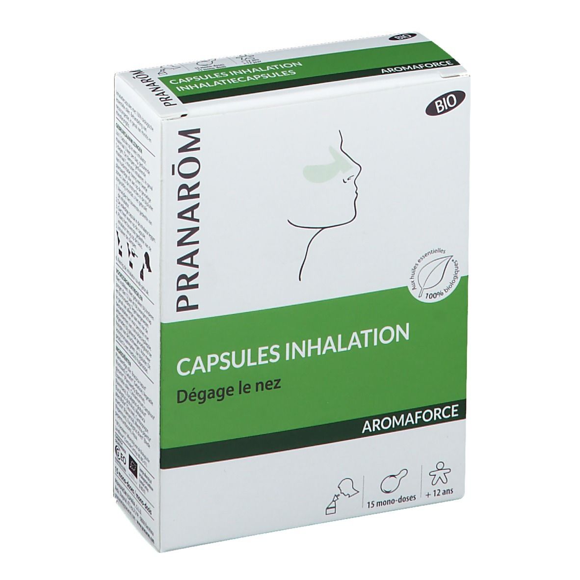 Boîte avec accents verts. Inscriptions: PRANARÔM, CAPSULES INHALATION, Aromaforce. Certification Bio.