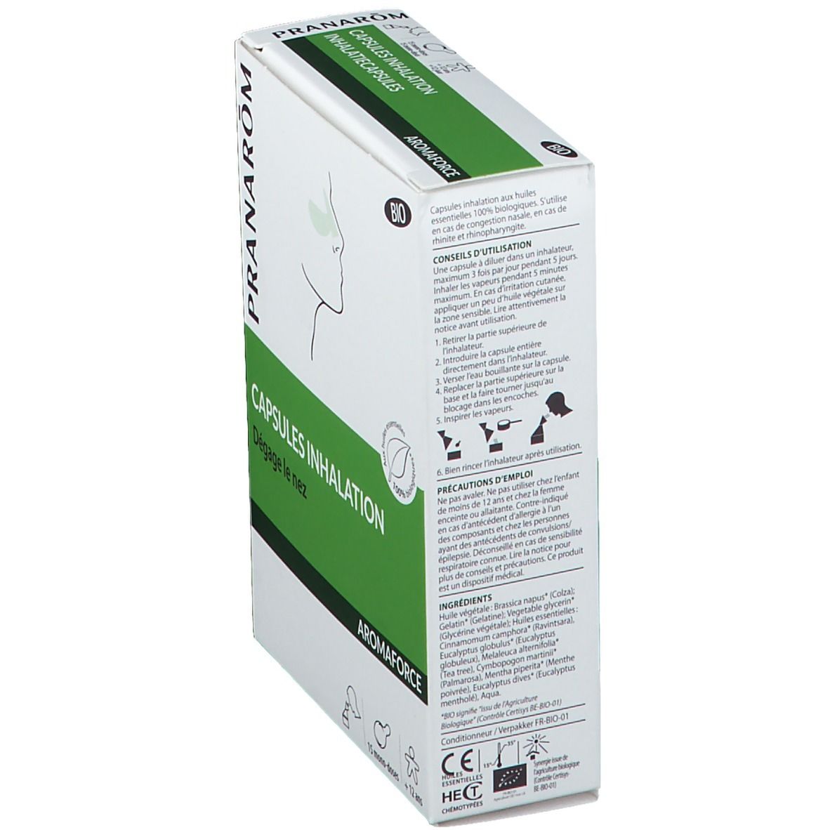 Boîte, vue latérale. Inscriptions: PRANARÔM, CAPSULES INHALATION, Aromaforce. Texte sur l'utilisation et les ingrédients.