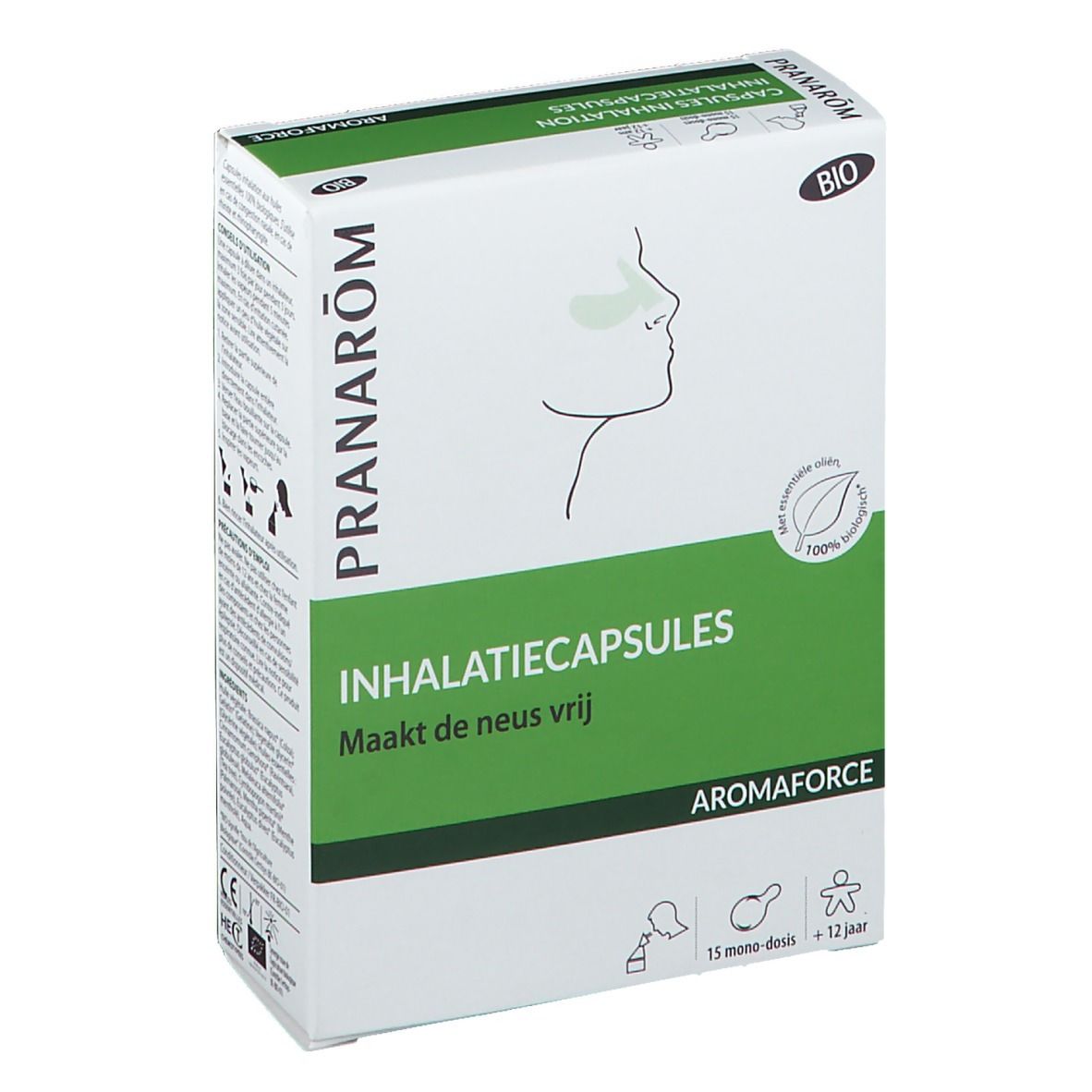Boîte avec accents verts. Inscriptions: PRANARÔM, INHALATIECAPSULES, Aromaforce. Certification Bio.