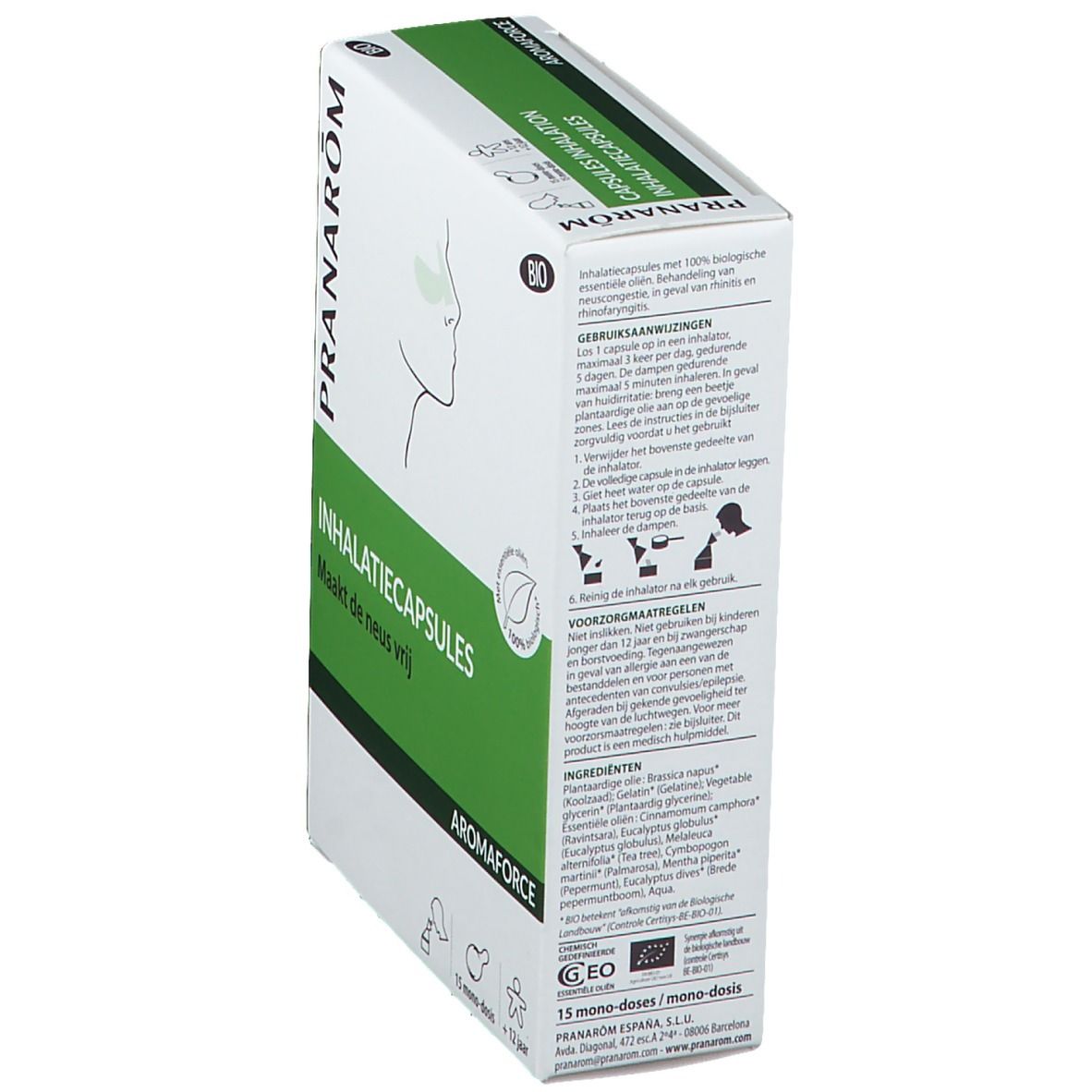 Boîte, vue latérale. Inscriptions: PRANARÔM, INHALATIECAPSULES, Aromaforce. Texte sur l'utilisation et les ingrédients.