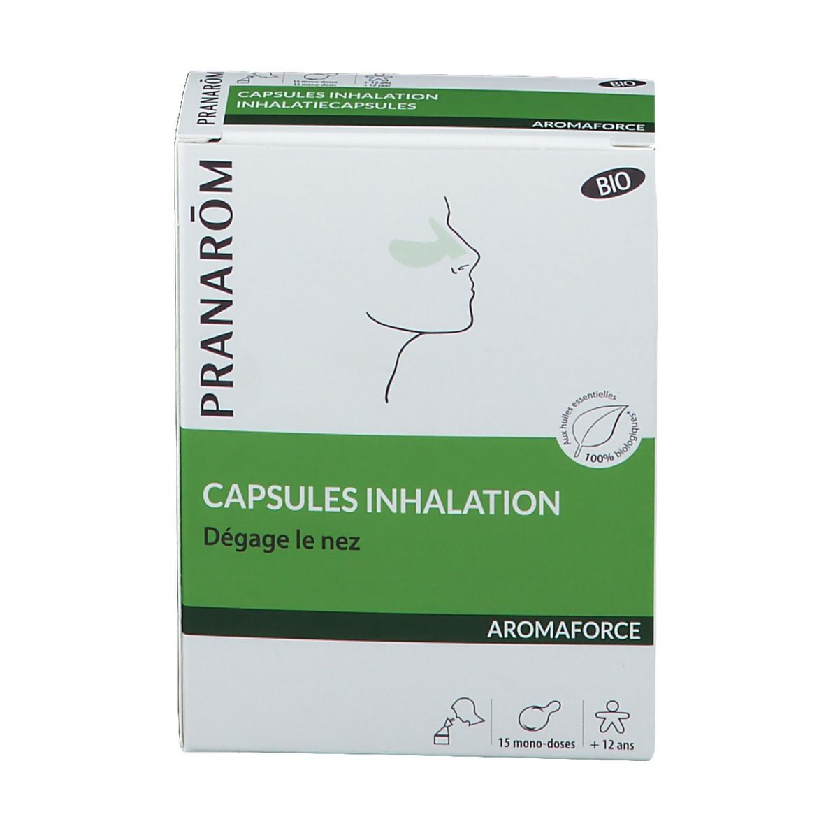 Boîte avec accents verts. Inscriptions: PRANARÔM, CAPSULES INHALATION, Aromaforce. Certification Bio.