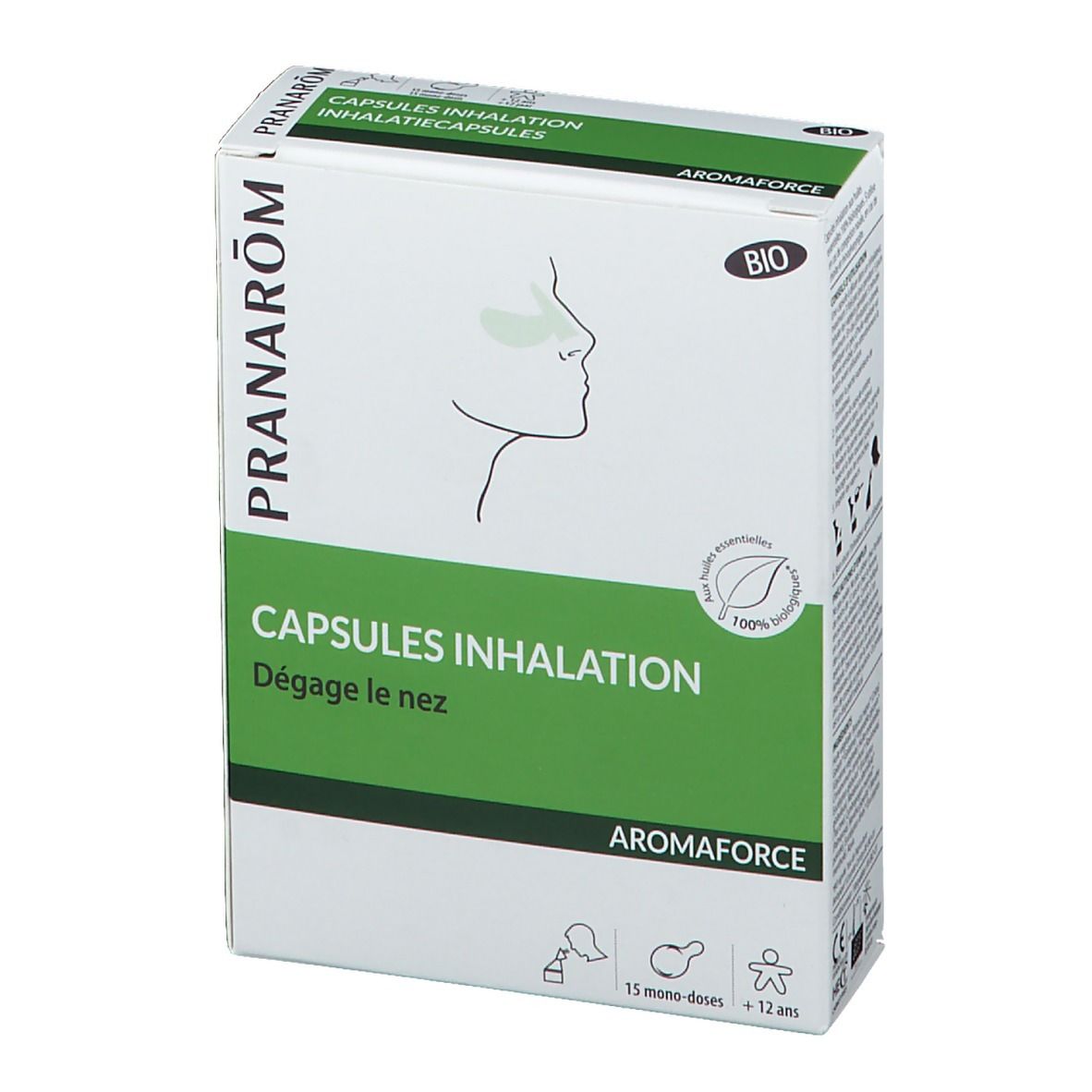 Boîte avec accents verts. Inscriptions: PRANARÔM, CAPSULES INHALATION, Aromaforce. Certification Bio.