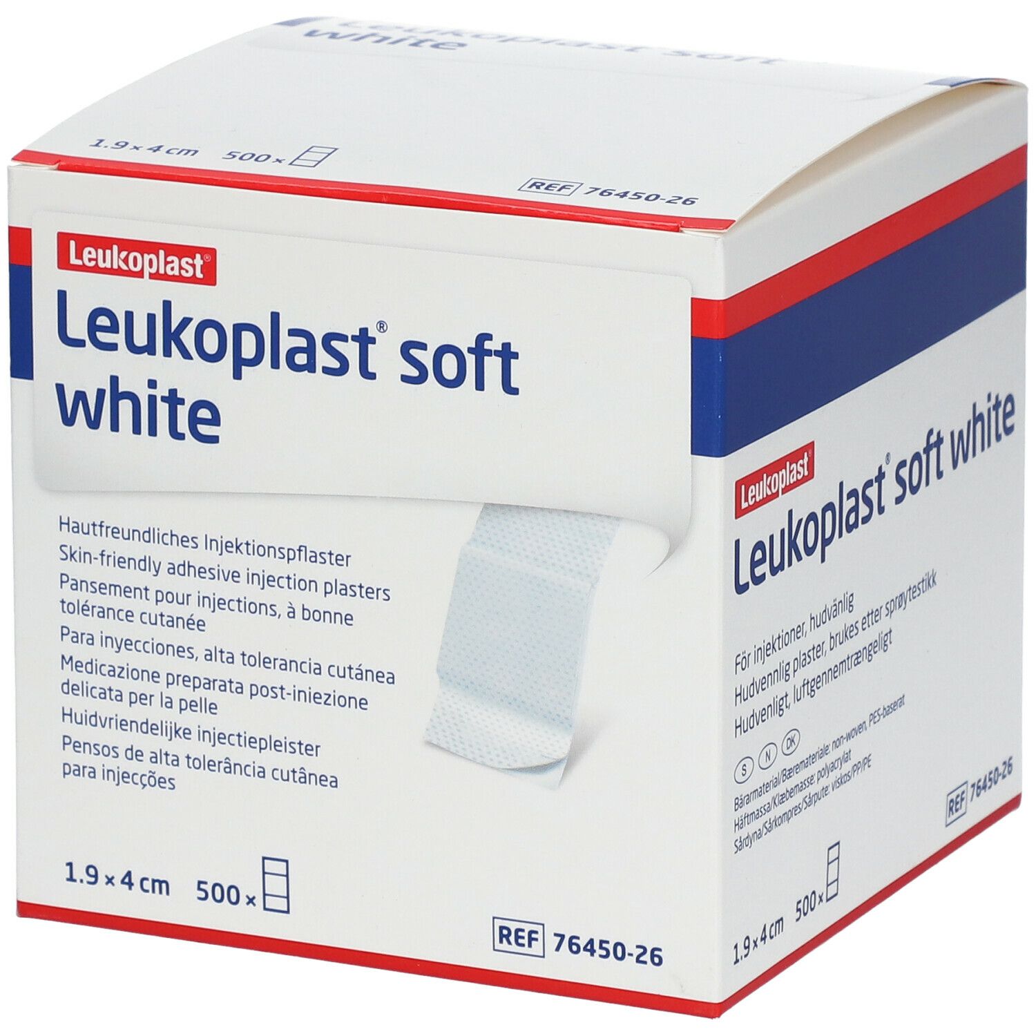 Boîte de Leukoplast® soft white. Contient 500 pansements, 1,9 x 4 cm. Inscription : Pansements pour injections, à bonne tolérance cutanée.
