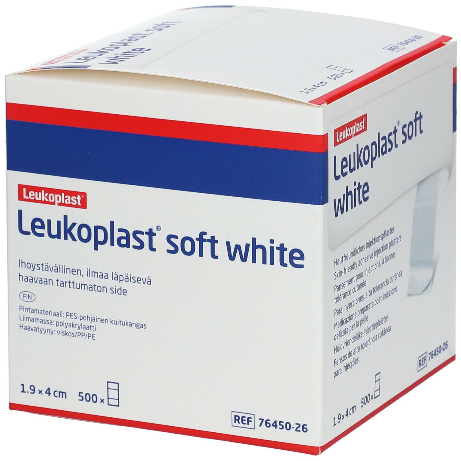 Boîte de Leukoplast® soft white. Contient 500 pansements, 1,9 x 4 cm. Inscription : Pansements pour injections, à bonne tolérance cutanée.