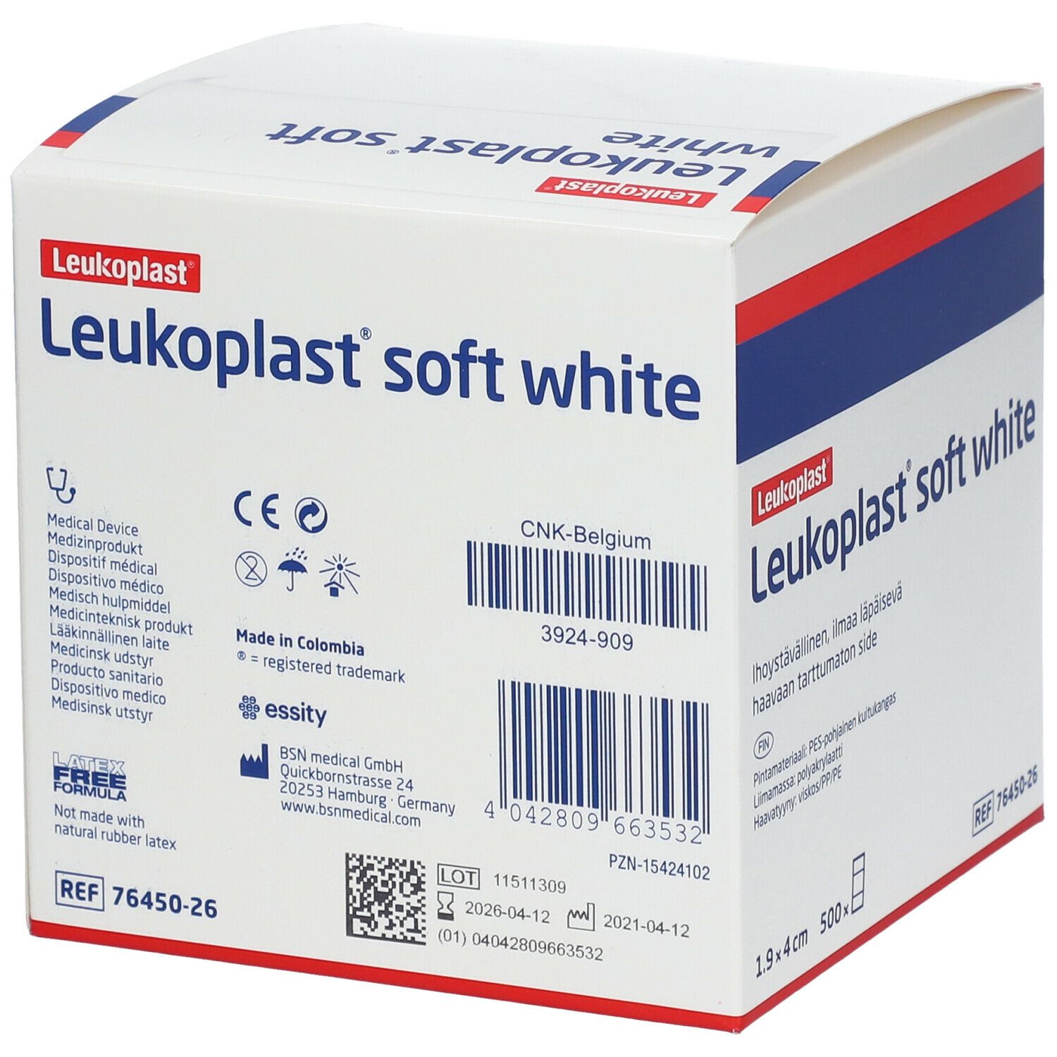 Boîte de Leukoplast® soft white. Contient 500 pansements, 1,9 x 4 cm. Avec marquage CE et code-barres.